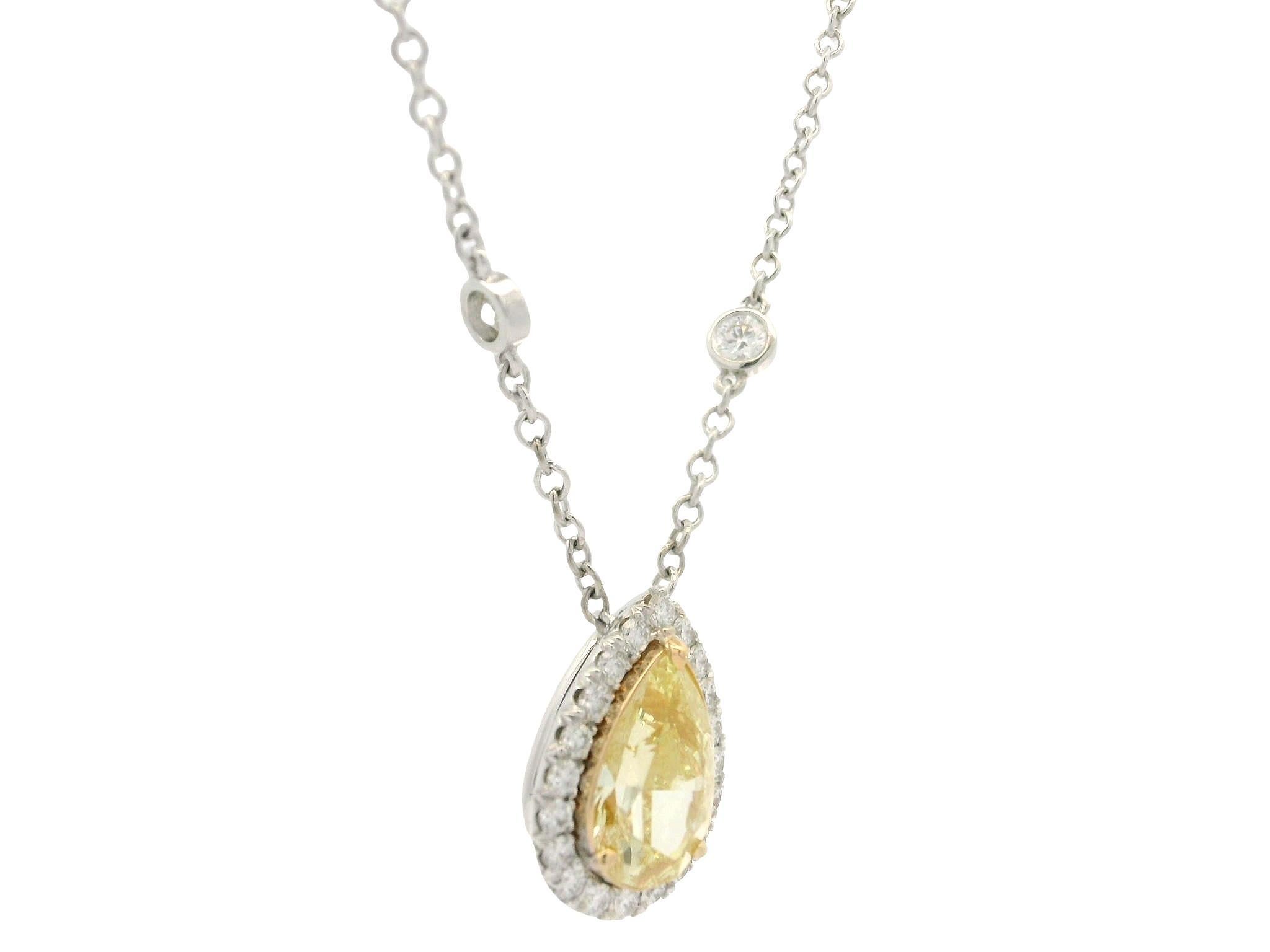 18k Gold GIA 2.70ctw Fancy Yellow Pear Diamond Tear Drop Pendant Necklace For Sale 4