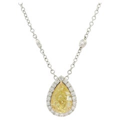 18k Gold GIA 2.70ctw Fancy Yellow Pear Diamond Tear Drop Pendant Necklace