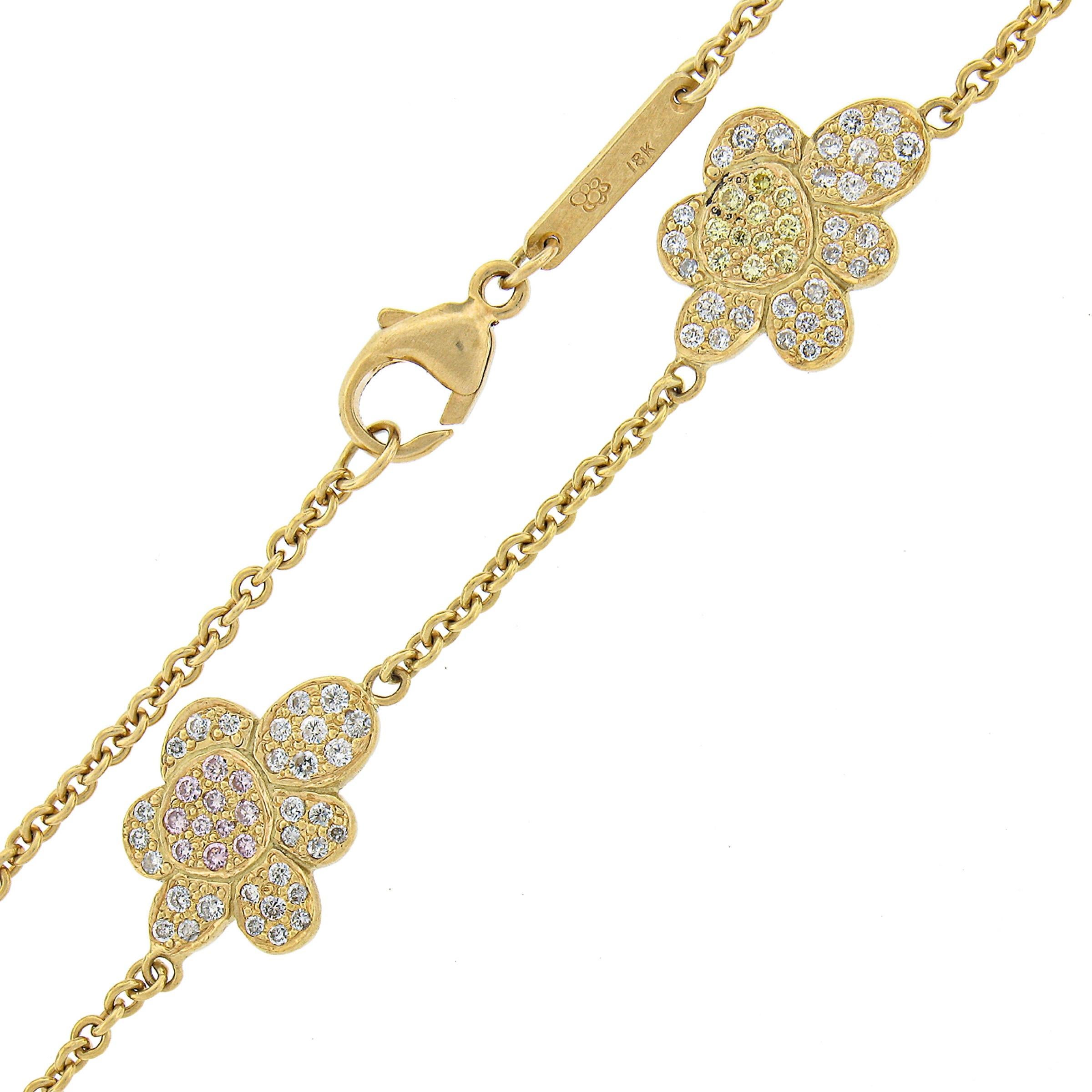 Collier en or 18k GIA 2ctw GIA Colored Pink Yellow Diamond Flower Station Necklace Chain en vente 3