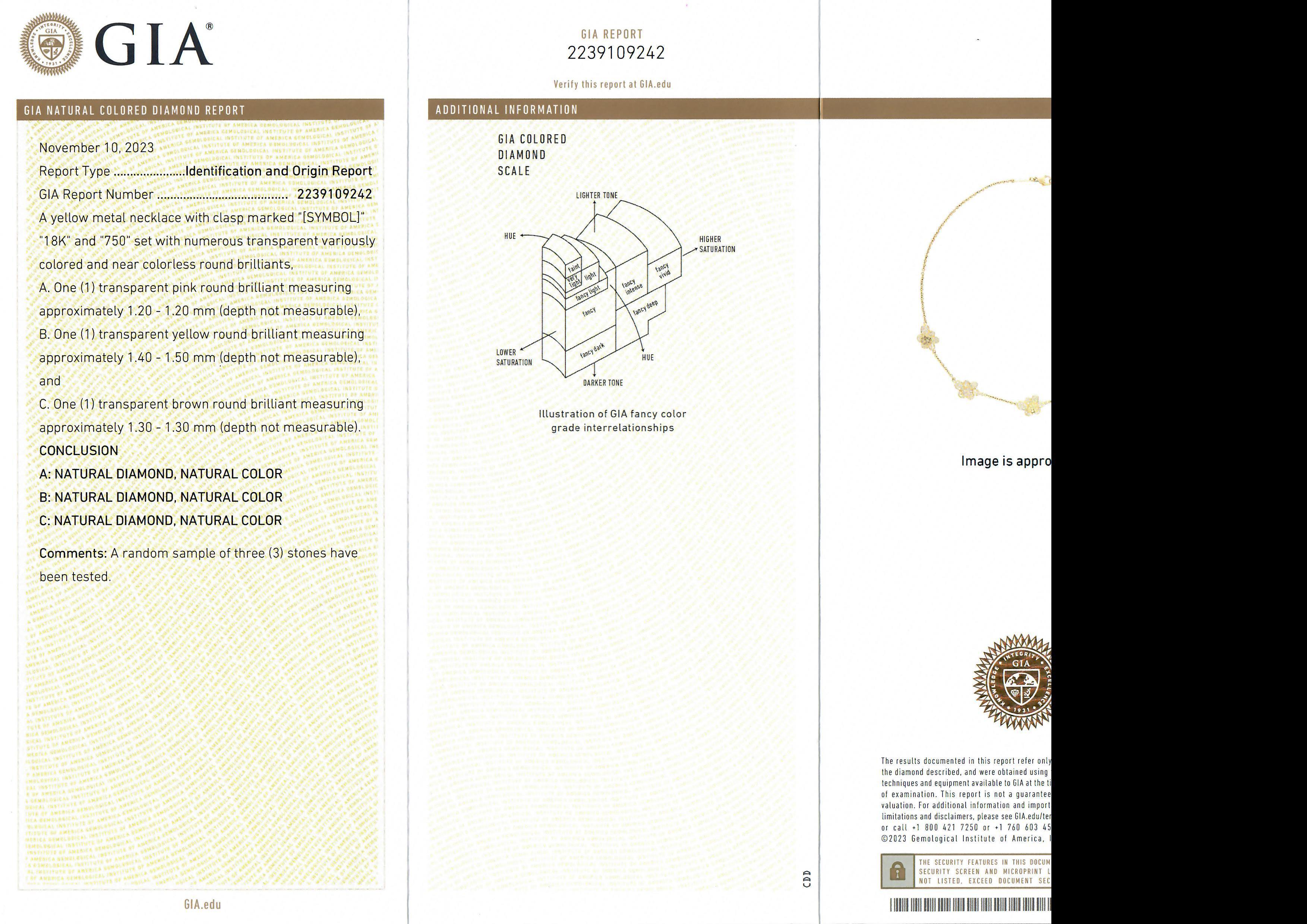 Collier en or 18k GIA 2ctw GIA Colored Pink Yellow Diamond Flower Station Necklace Chain en vente 4