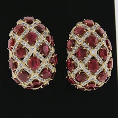 18K Gold GIA 34.50ctw Burma Oval Ruby & Diamond Large Weave Statement Earrings