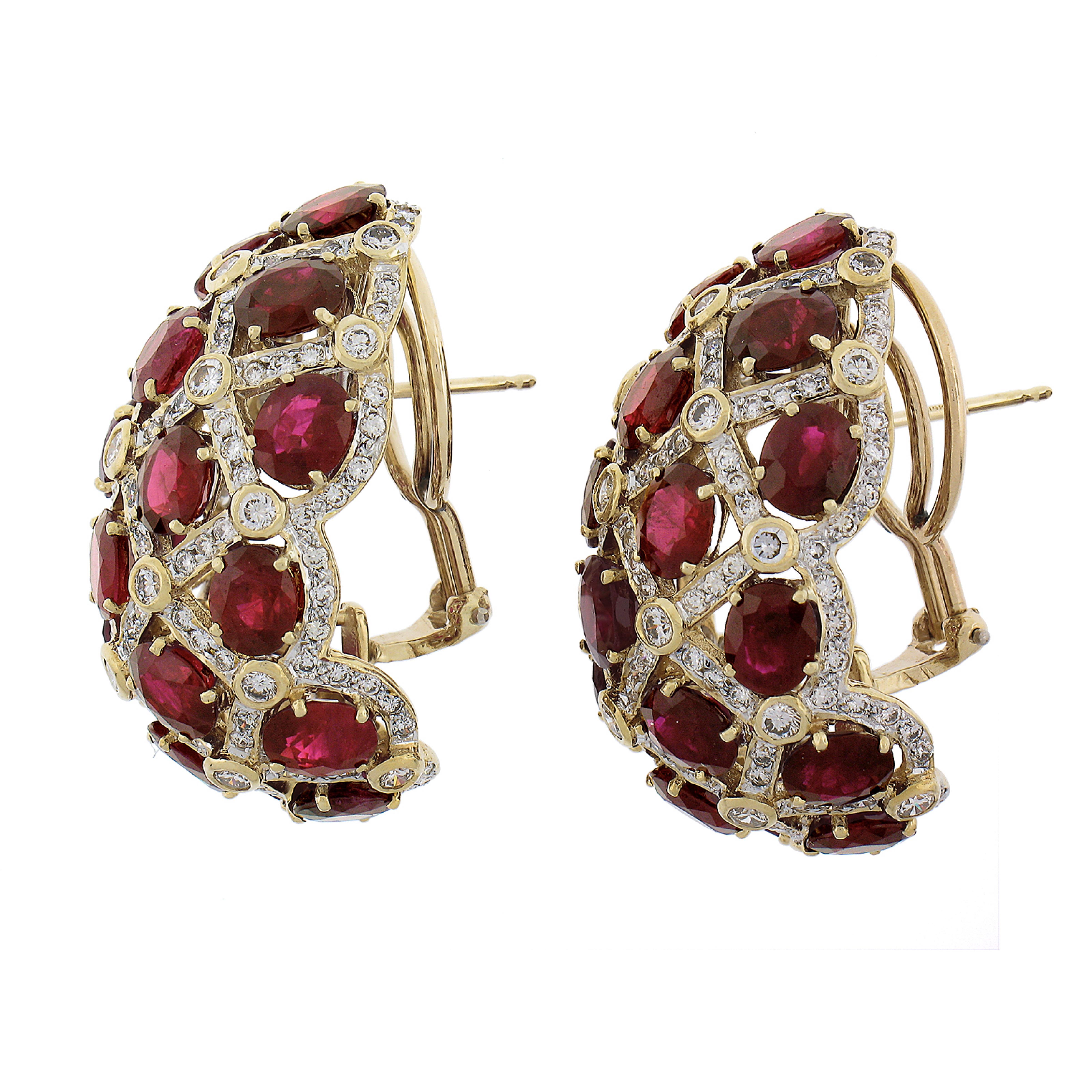 Oval Cut 18K Gold GIA 34.50ctw Burma Oval Ruby & Diamond Large Weave Statement Earrings For Sale