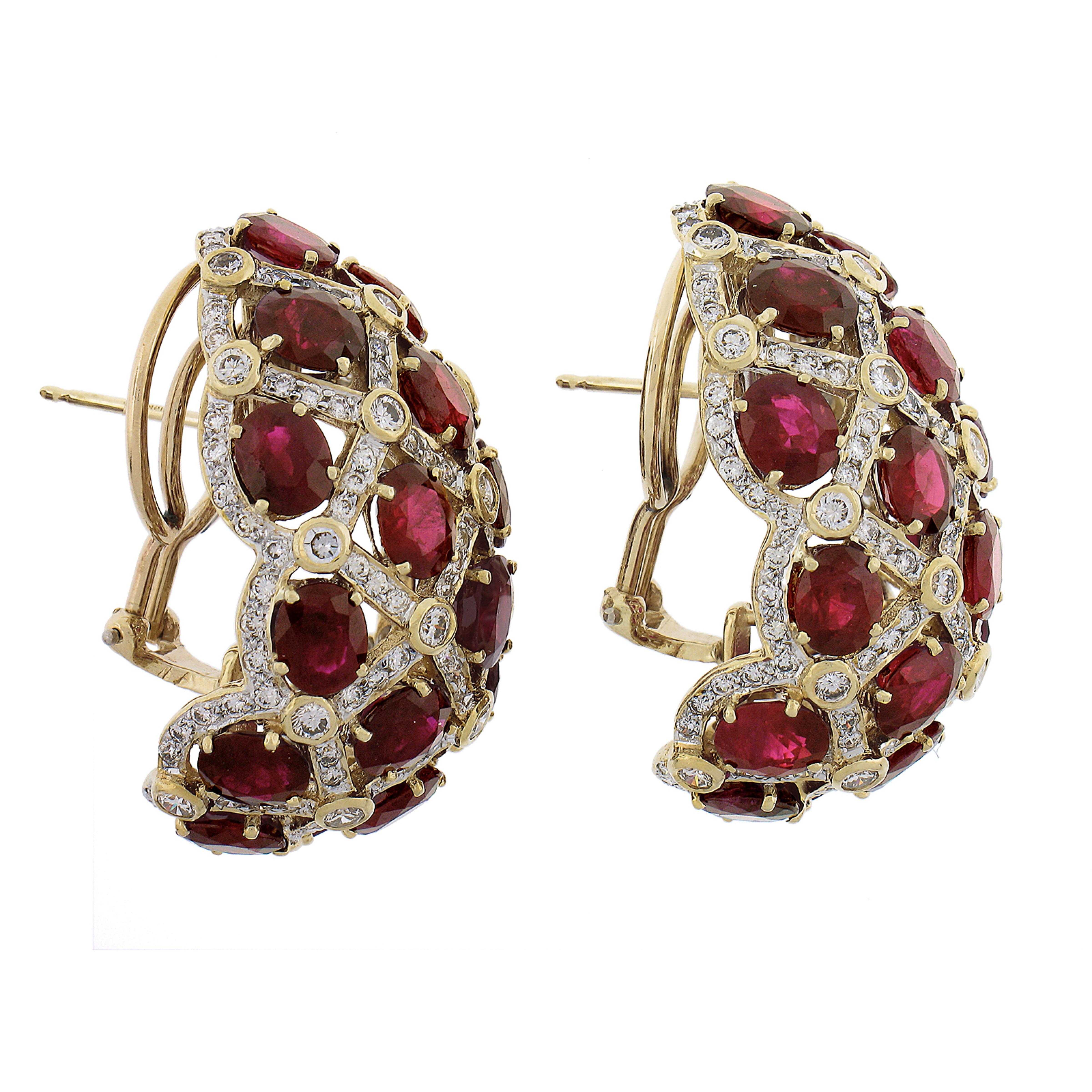 18K Gold GIA 34.50ctw Burma Oval Ruby & Diamond Large Weave Statement Earrings In Excellent Condition For Sale In Montclair, NJ