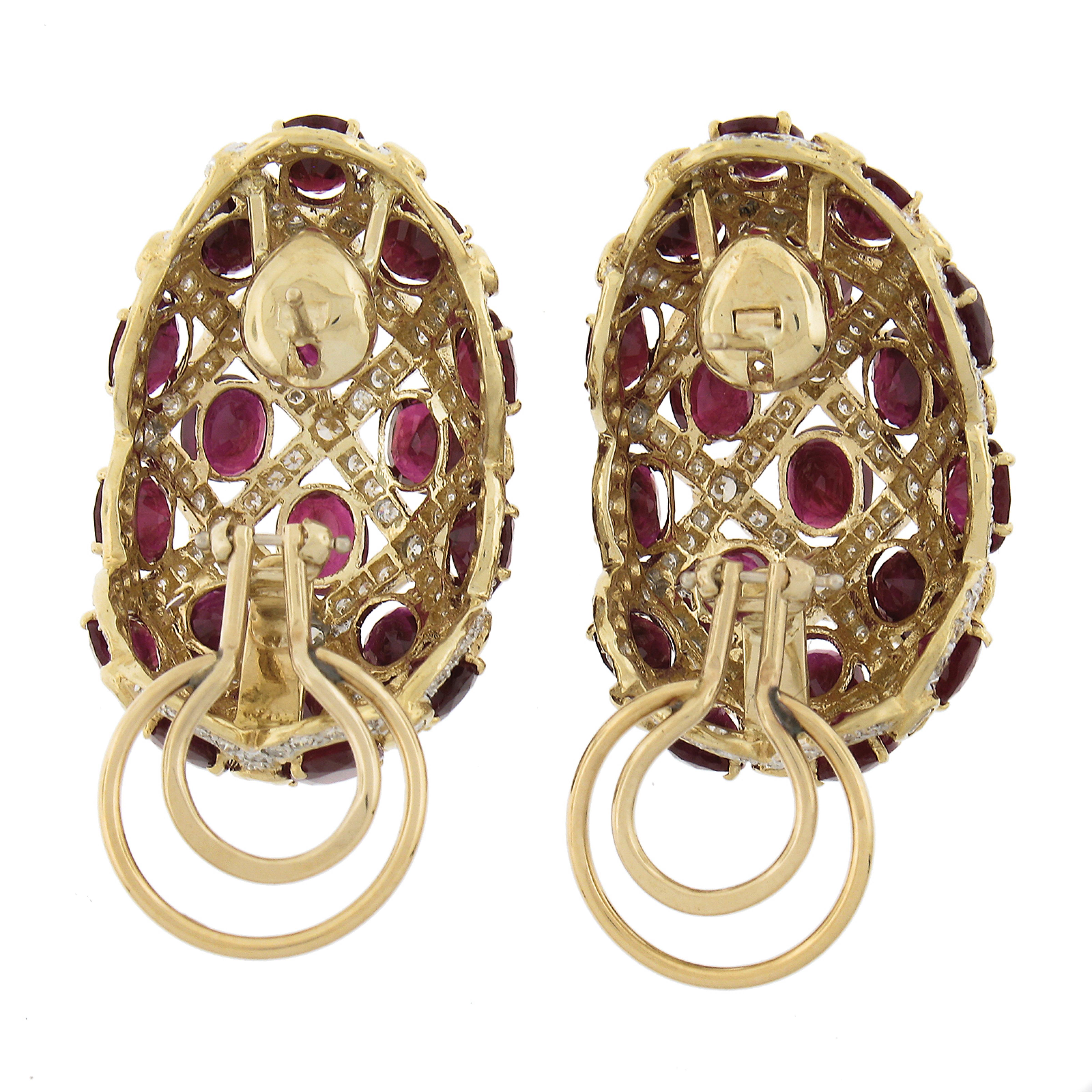18K Gold GIA 34.50ctw Burma Oval Ruby & Diamond Large Weave Statement Earrings For Sale 1