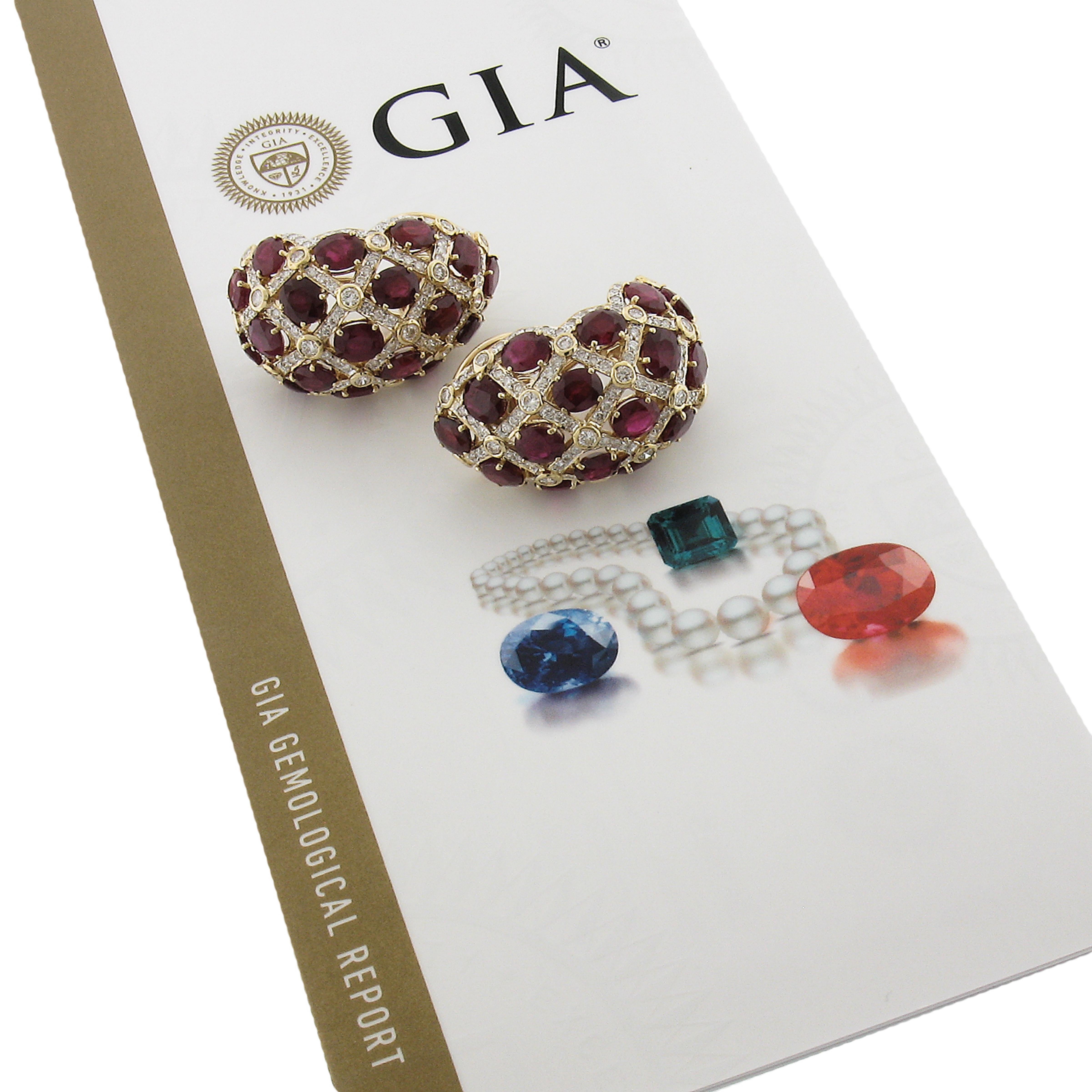 Boucles d'oreilles en or 18K GIA 34.50ctw Burma Ruby Oval & Diamond Large Weave Statement Earrings en vente 3