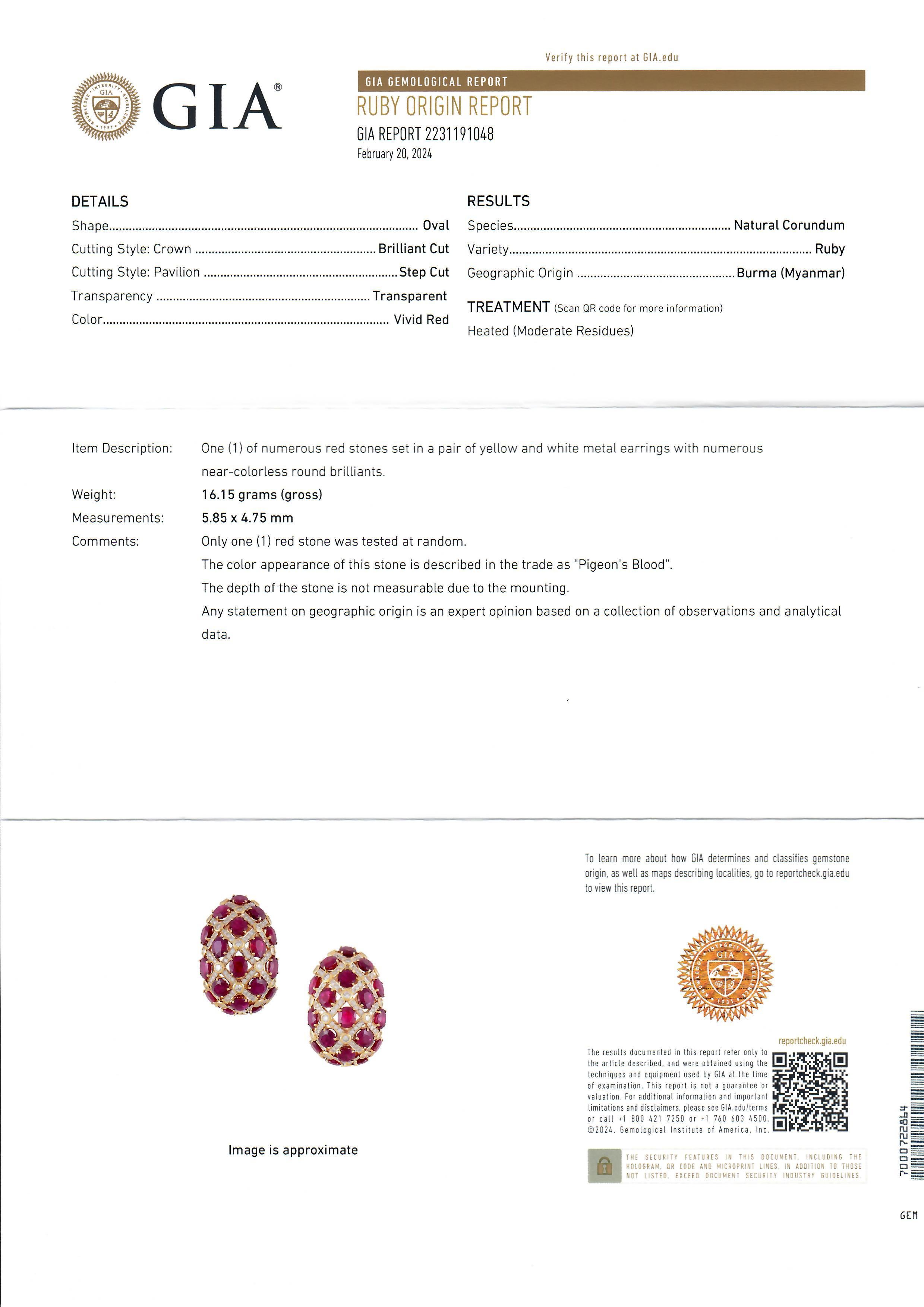 Boucles d'oreilles en or 18K GIA 34.50ctw Burma Ruby Oval & Diamond Large Weave Statement Earrings en vente 4