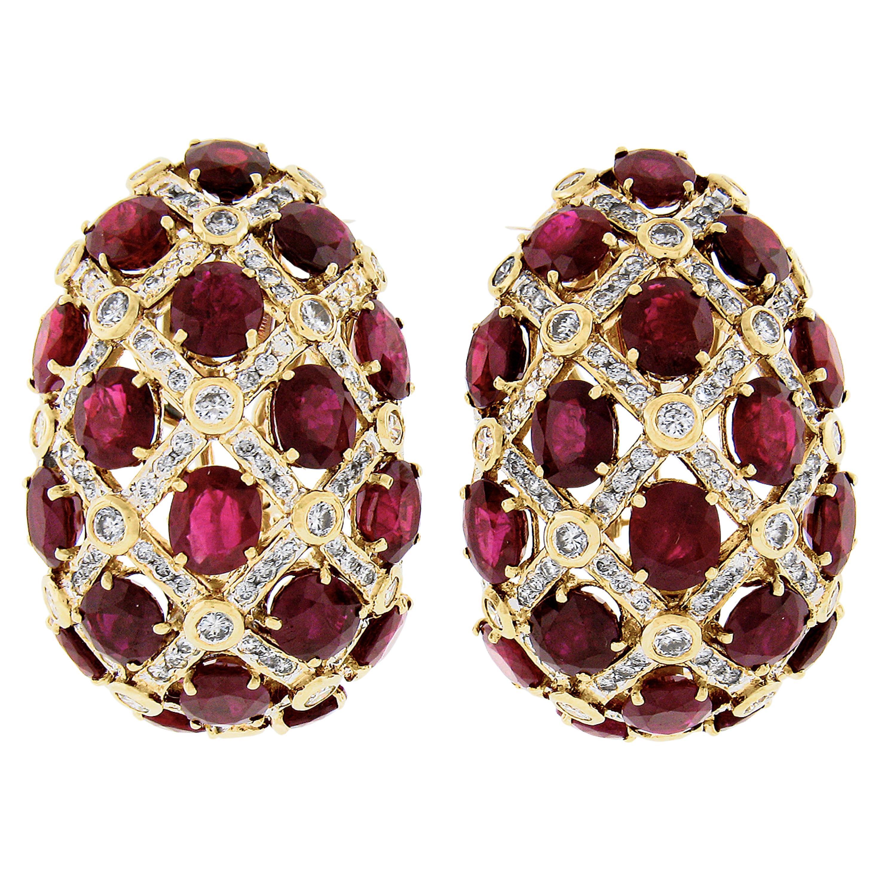 18K Gold GIA 34.50ctw Burma Oval Ruby & Diamond Large Weave Statement Earrings For Sale