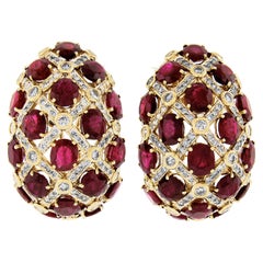 18K Gold GIA 34.50ctw Burma Oval Ruby & Diamond Large Weave Statement Earrings