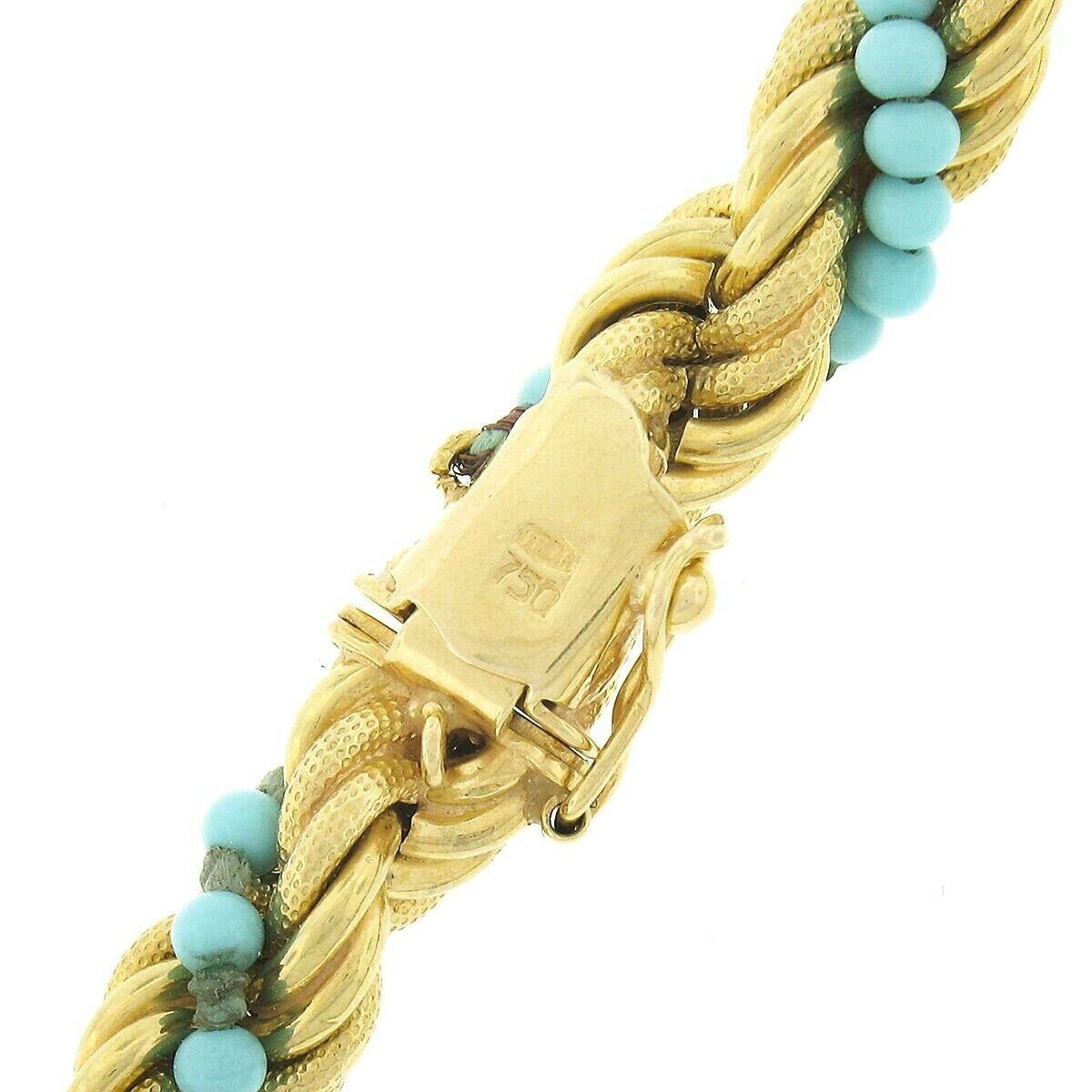 18K Gold GIA 53.58ctw Heart Aquamarine Enhancer Pendant & Turquoise Rope Chain For Sale 5