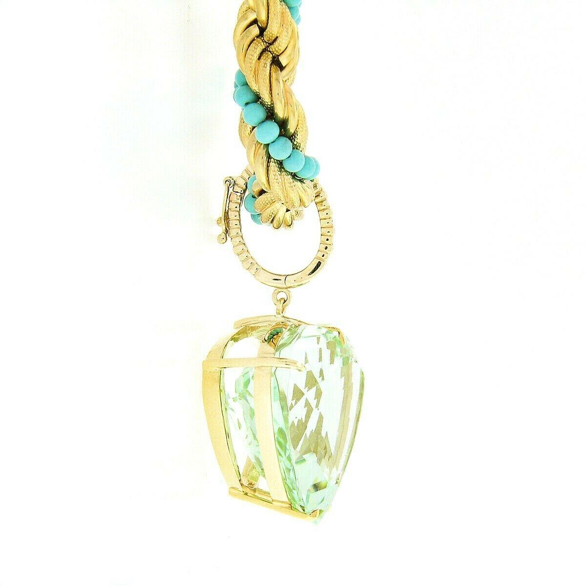 Women's 18K Gold GIA 53.58ctw Heart Aquamarine Enhancer Pendant & Turquoise Rope Chain For Sale