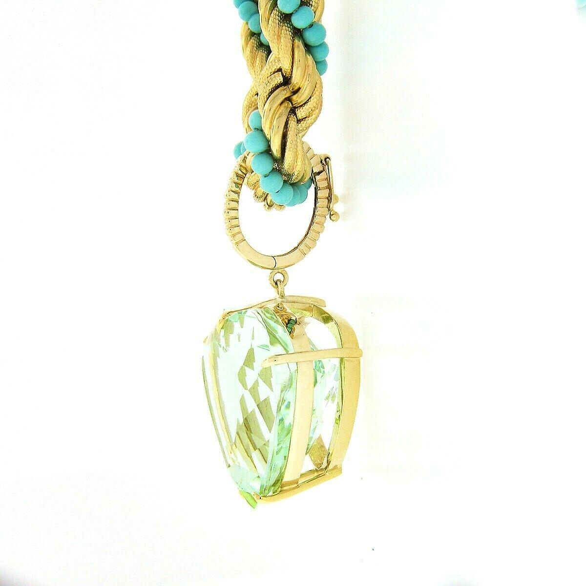 18K Gold GIA 53.58ctw Heart Aquamarine Enhancer Pendant & Turquoise Rope Chain For Sale 1