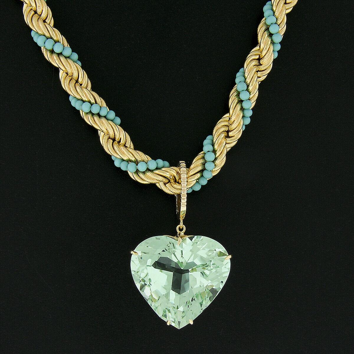 18K Gold GIA 53.58ctw Heart Aquamarine Enhancer Pendant & Turquoise Rope Chain For Sale 2