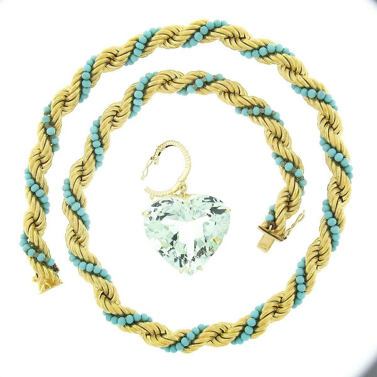 18K Gold GIA 53.58ctw Heart Aquamarine Enhancer Pendant & Turquoise Rope Chain For Sale 3