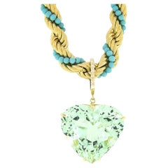 Vintage 18K Gold GIA 53.58ctw Heart Aquamarine Enhancer Pendant & Turquoise Rope Chain
