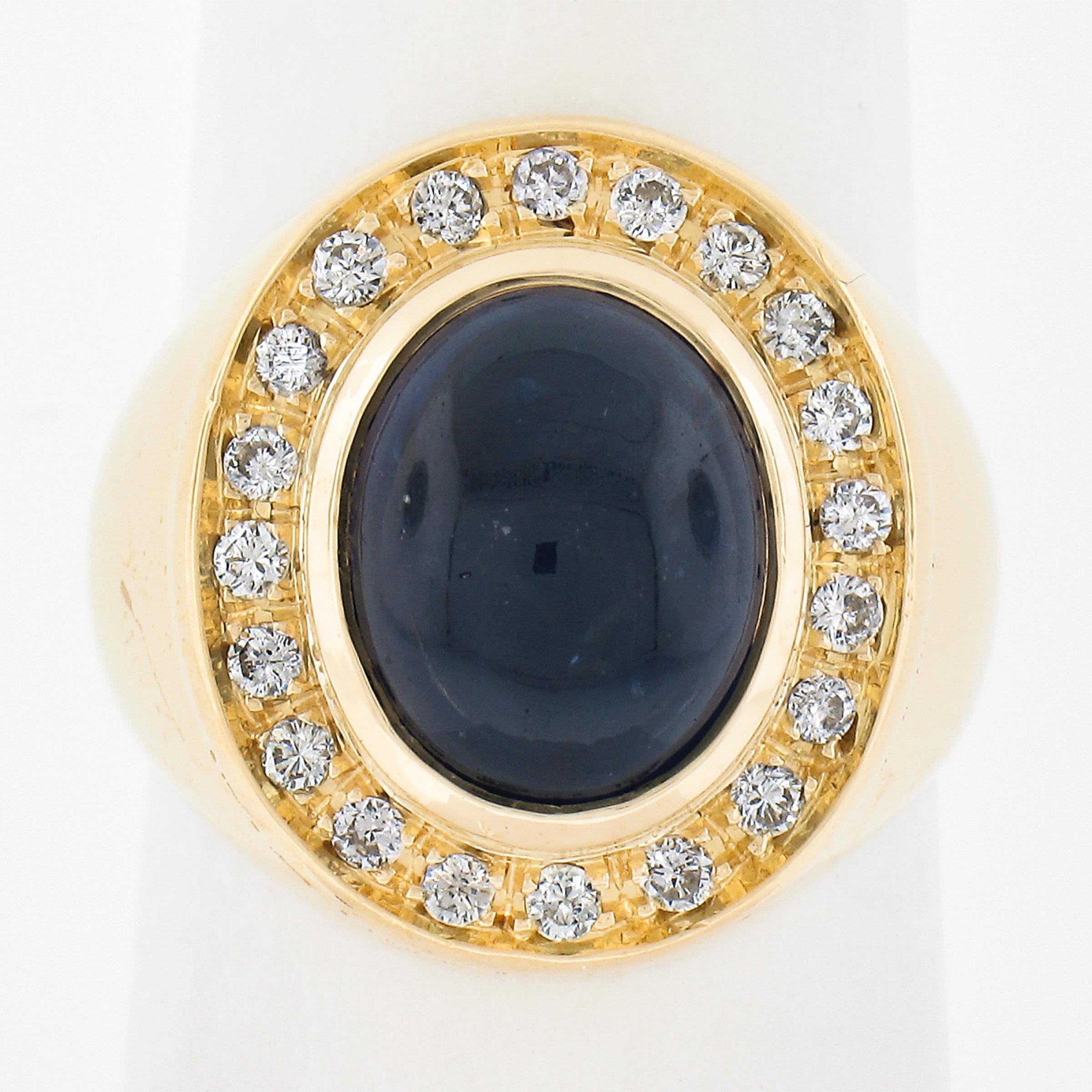 Oval Cut 18K Gold GIA 5.35ctw Oval Cabochon Blue Sapphire w/ Diamond Halo Cocktail Ring For Sale