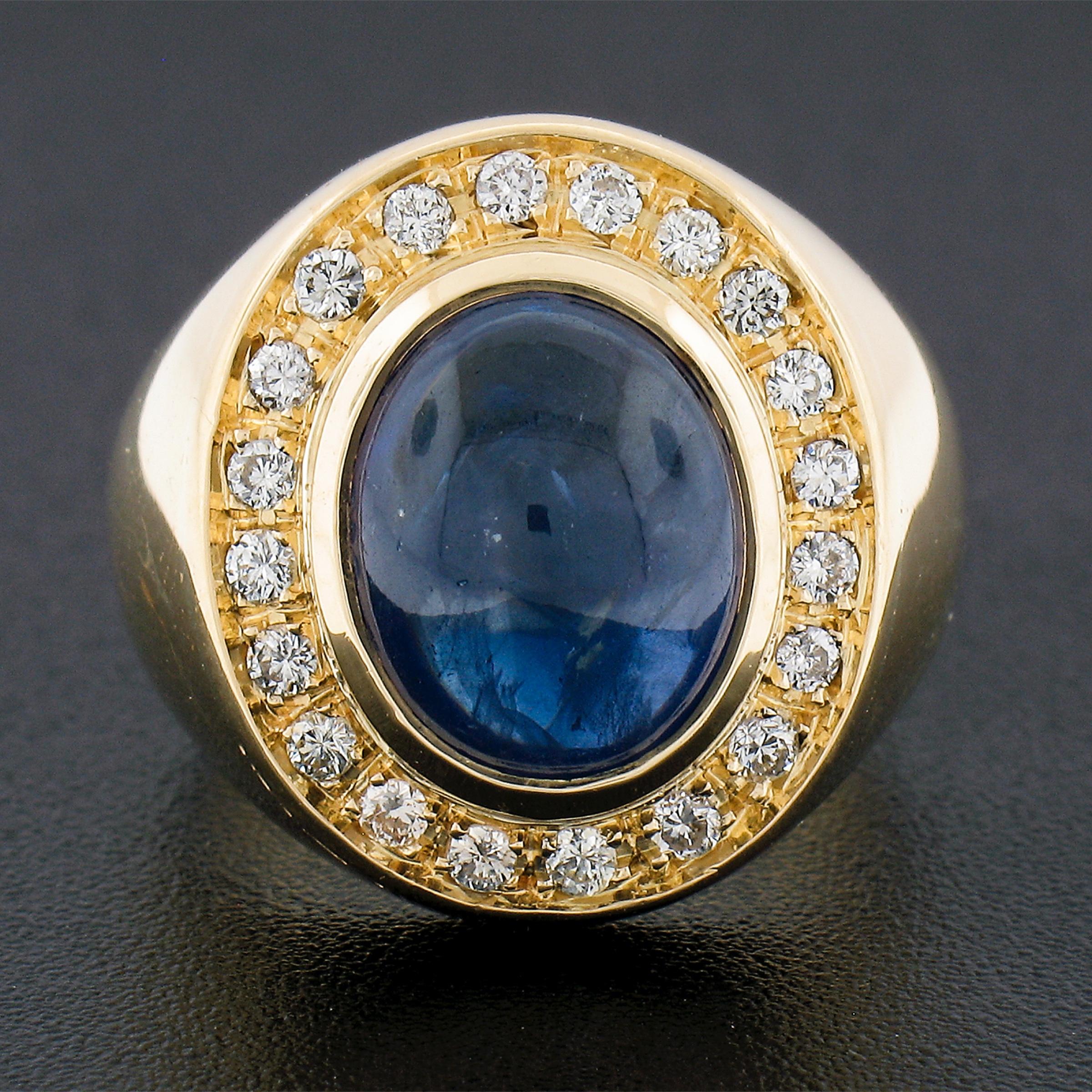 18K Gold GIA 5.35ctw Oval Cabochon Blue Sapphire w/ Diamond Halo Cocktail Ring In Excellent Condition For Sale In Montclair, NJ