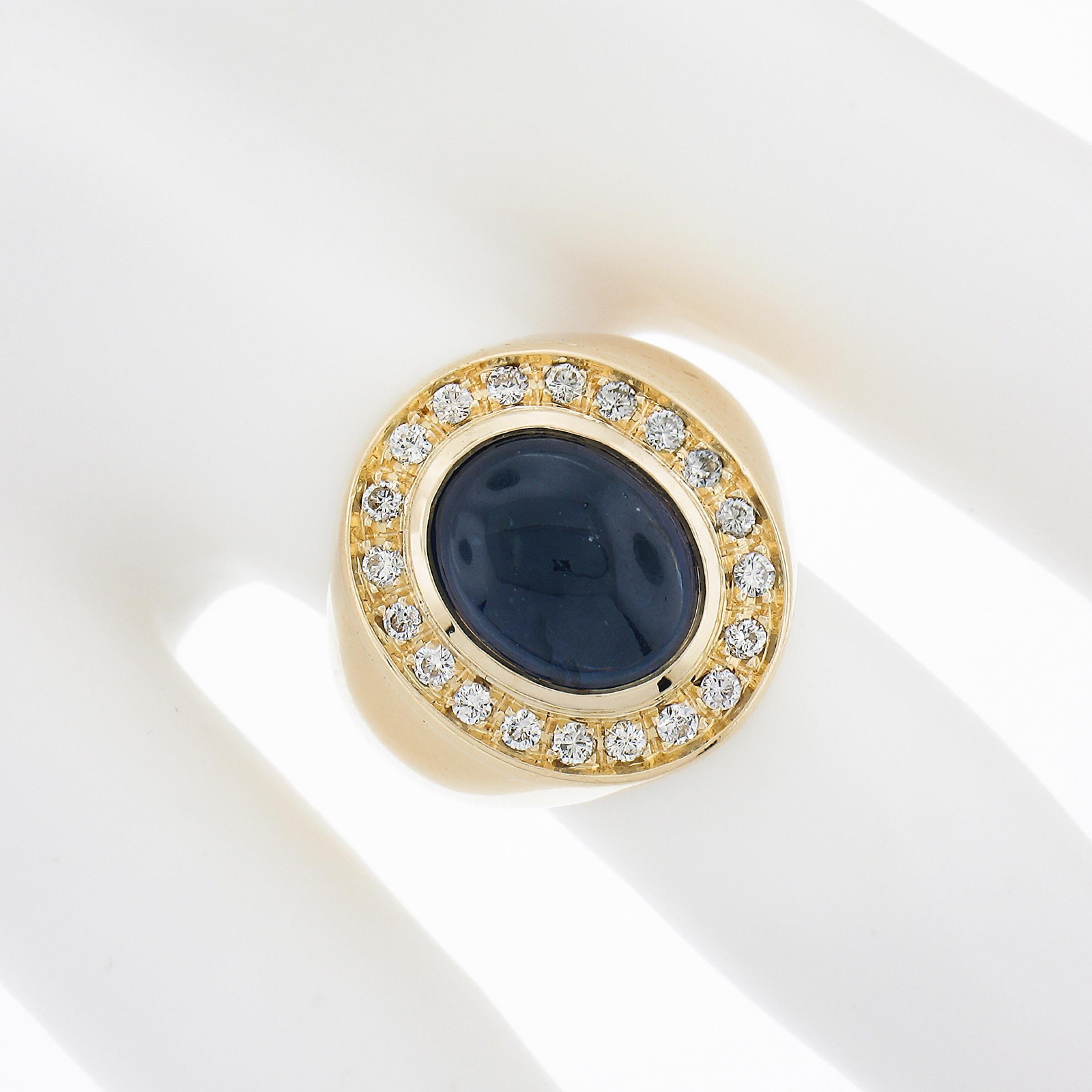 Women's 18K Gold GIA 5.35ctw Oval Cabochon Blue Sapphire w/ Diamond Halo Cocktail Ring For Sale