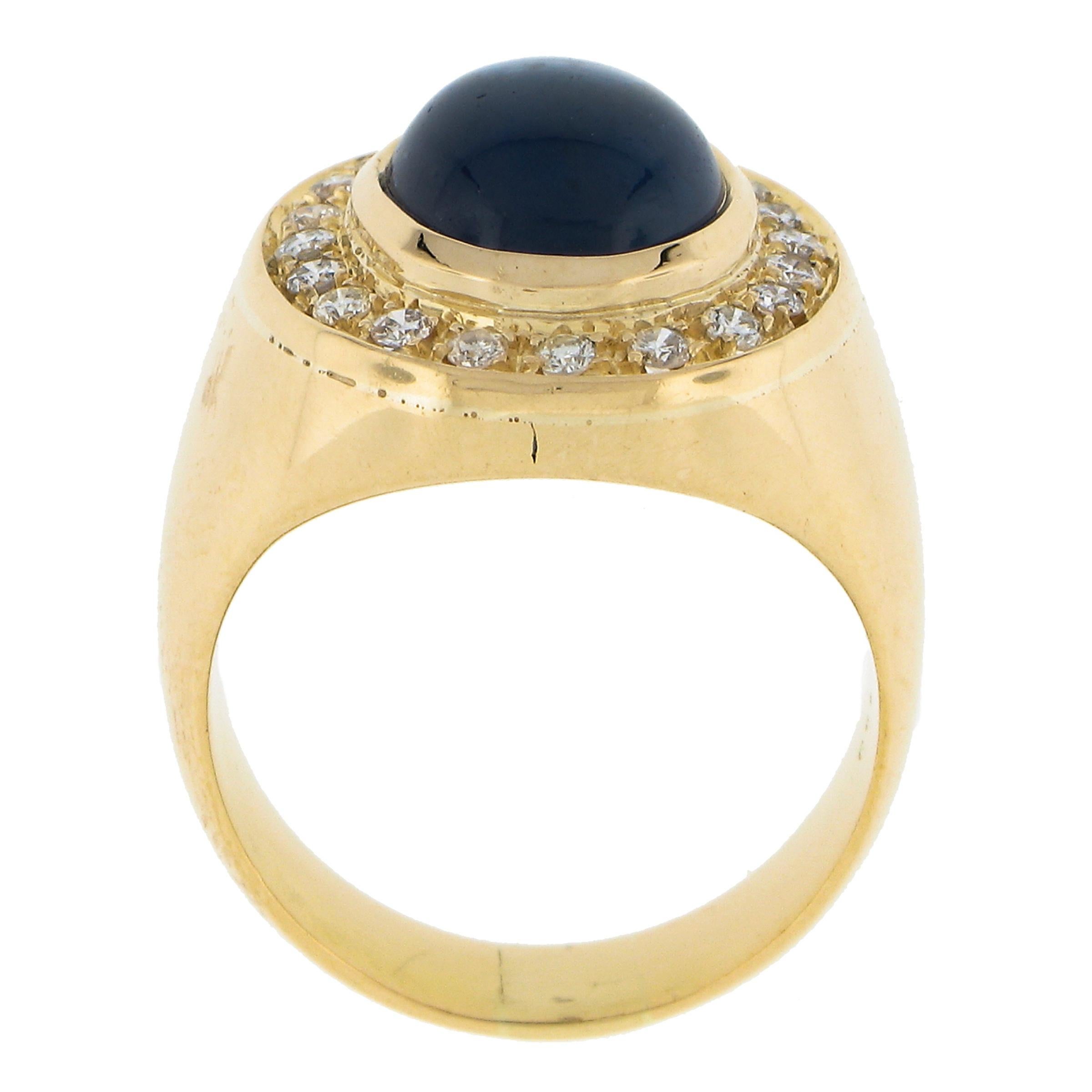 18K Gold GIA 5.35ctw Oval Cabochon Blue Sapphire w/ Diamond Halo Cocktail Ring For Sale 4
