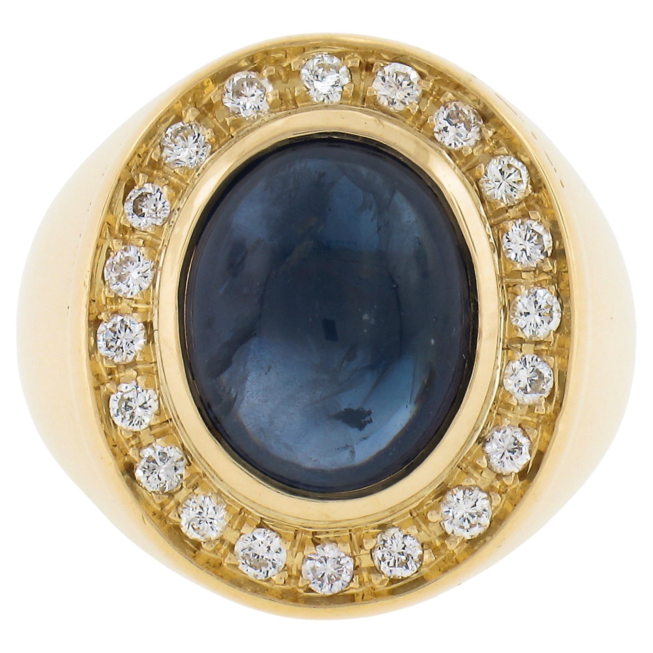18K Gold GIA 5.35ctw Oval Cabochon Blue Sapphire w/ Diamond Halo Cocktail Ring For Sale