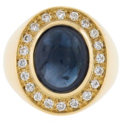 18K Gold GIA 5.35ctw Oval Cabochon Blue Sapphire w/ Diamond Halo Cocktail Ring
