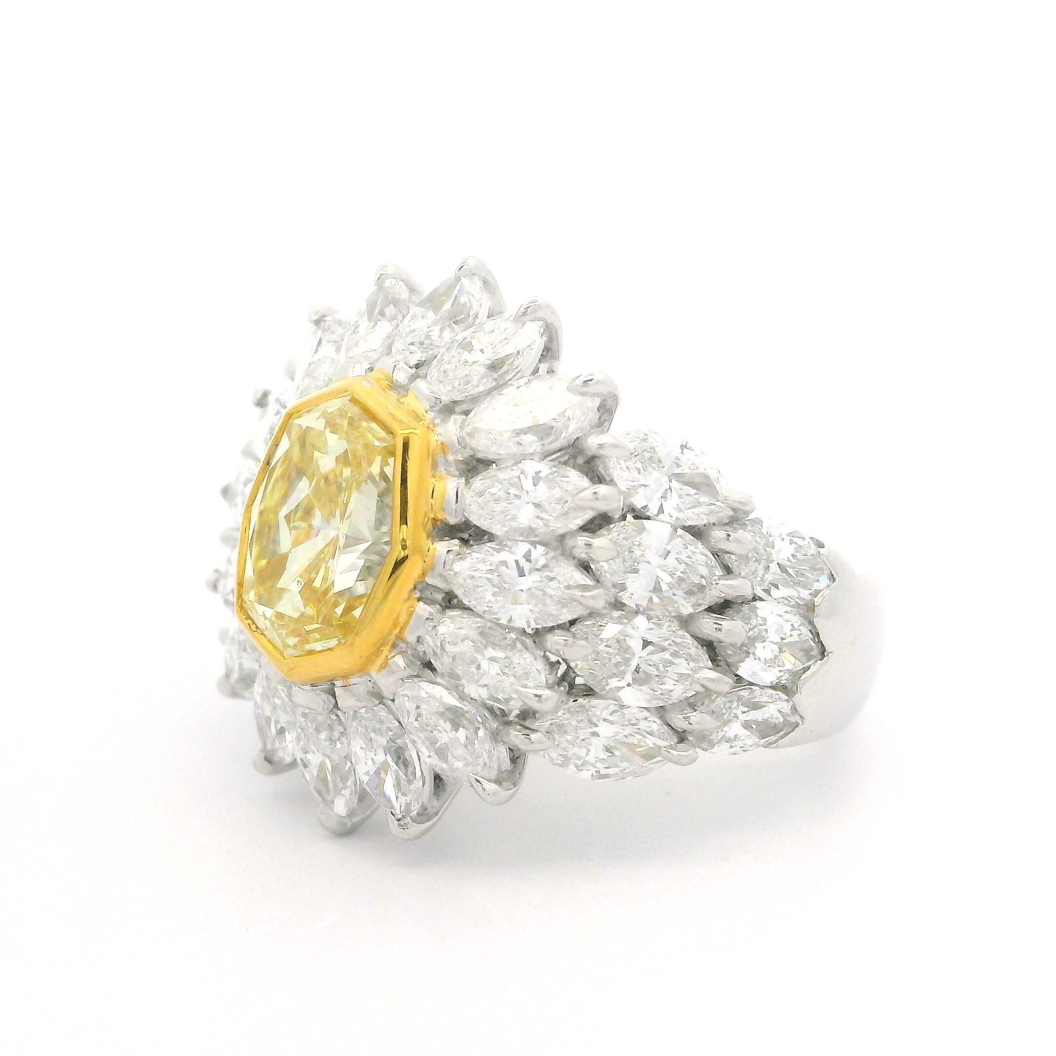 18k Gold GIA 7.24ctw Octagonal Fancy Yellow and White Marquise Diamond Ring For Sale 5
