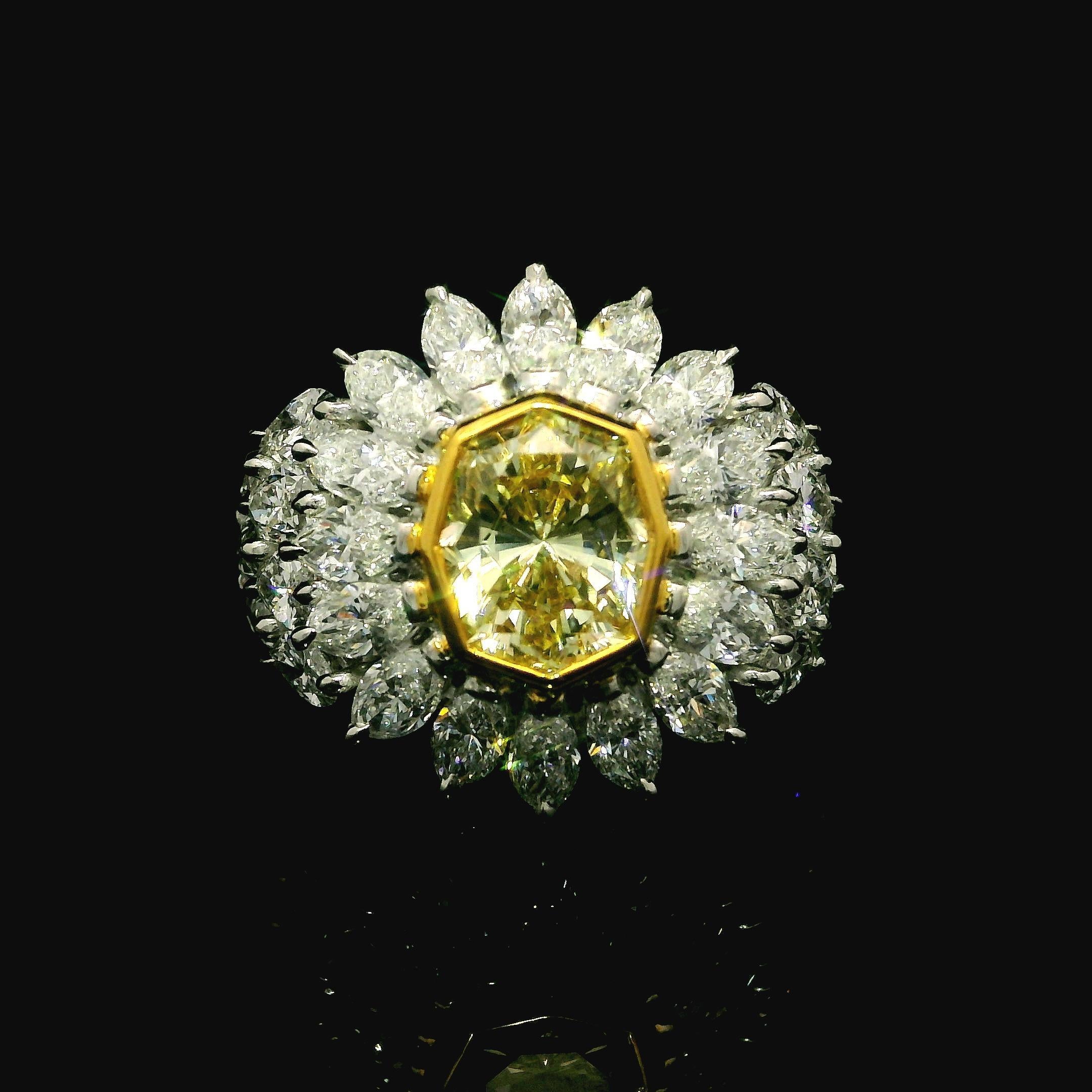 18k Gold GIA 7.24ctw Octagonal Fancy Yellow and White Marquise Diamond Ring For Sale 6