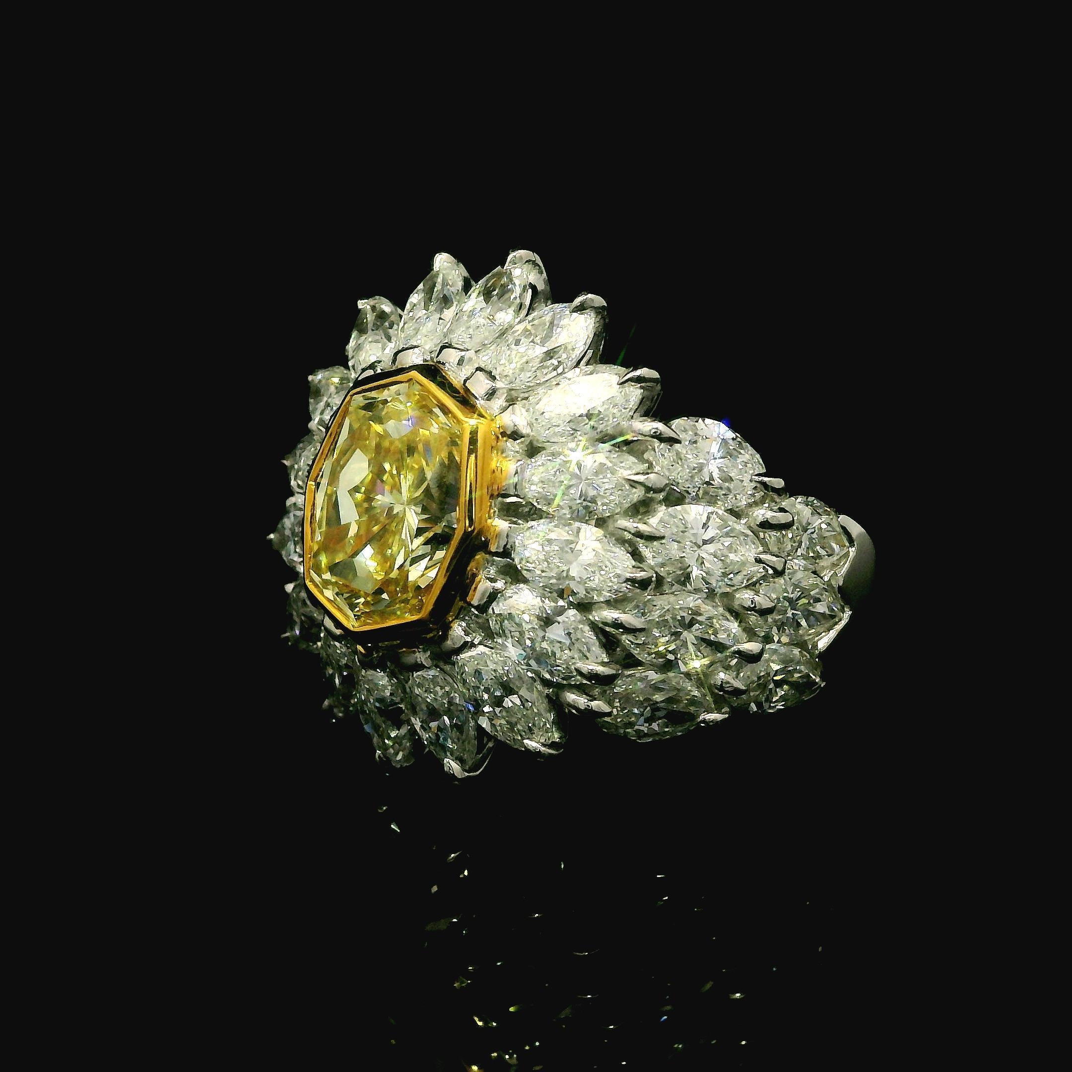18k Gold GIA 7.24ctw Octagonal Fancy Yellow and White Marquise Diamond Ring For Sale 7