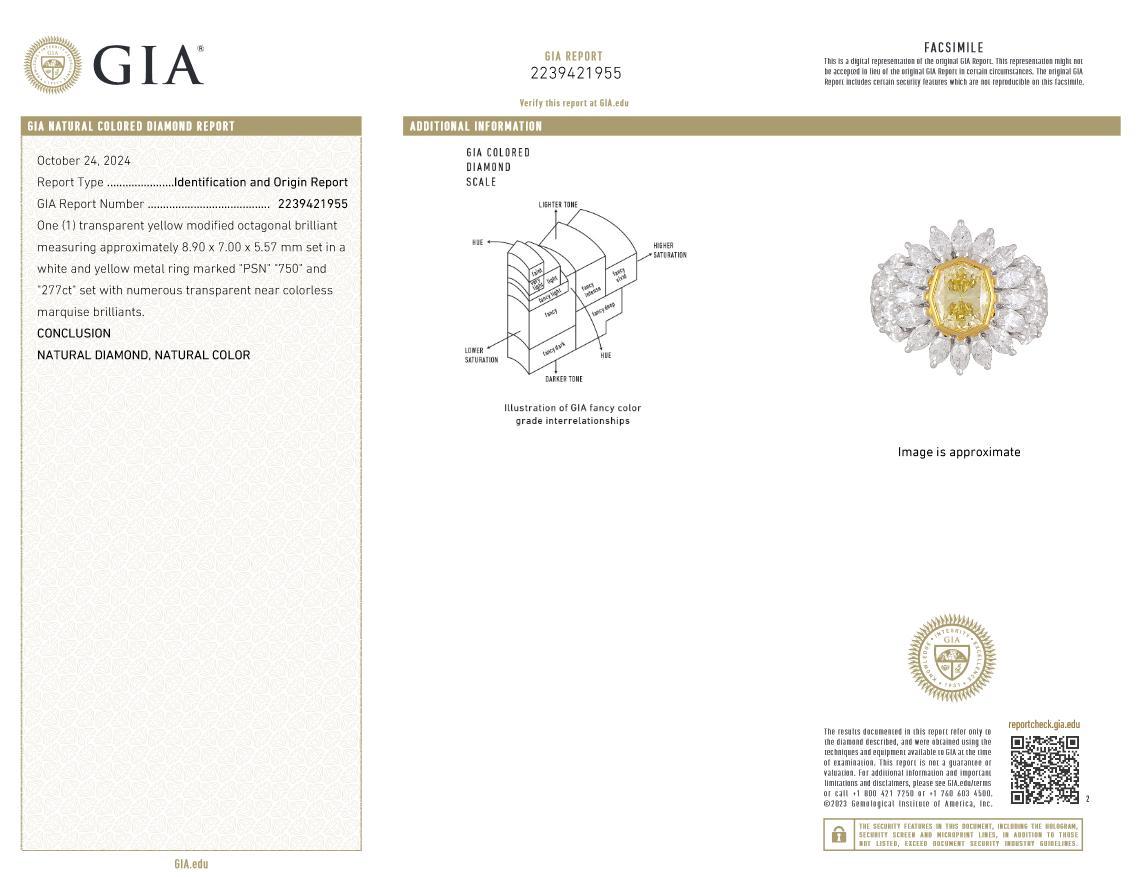 18k Gold GIA 7.24ctw Octagonal Fancy Yellow and White Marquise Diamond Ring For Sale 2