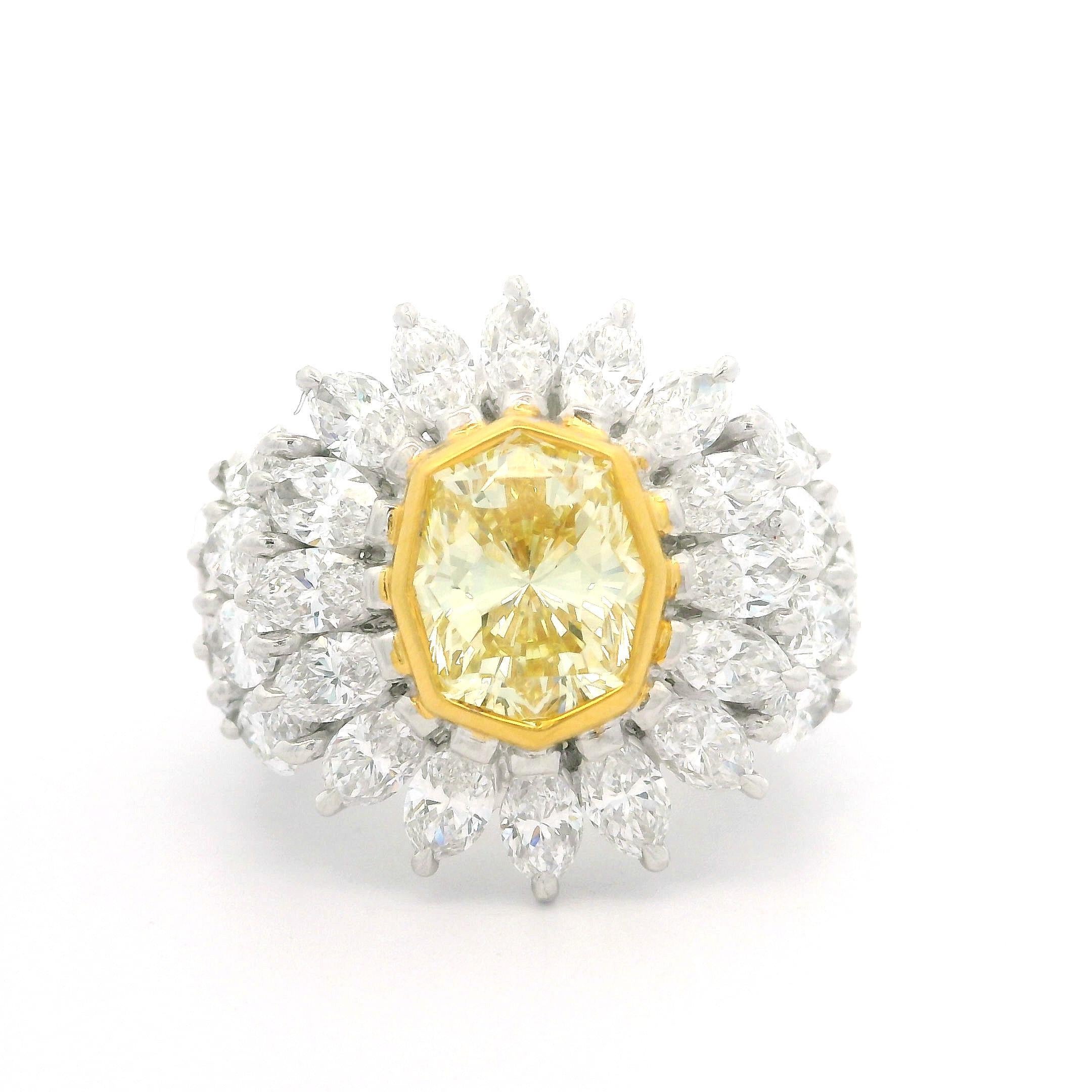 18k Gold GIA 7.24ctw Octagonal Fancy Yellow and White Marquise Diamond Ring For Sale 3