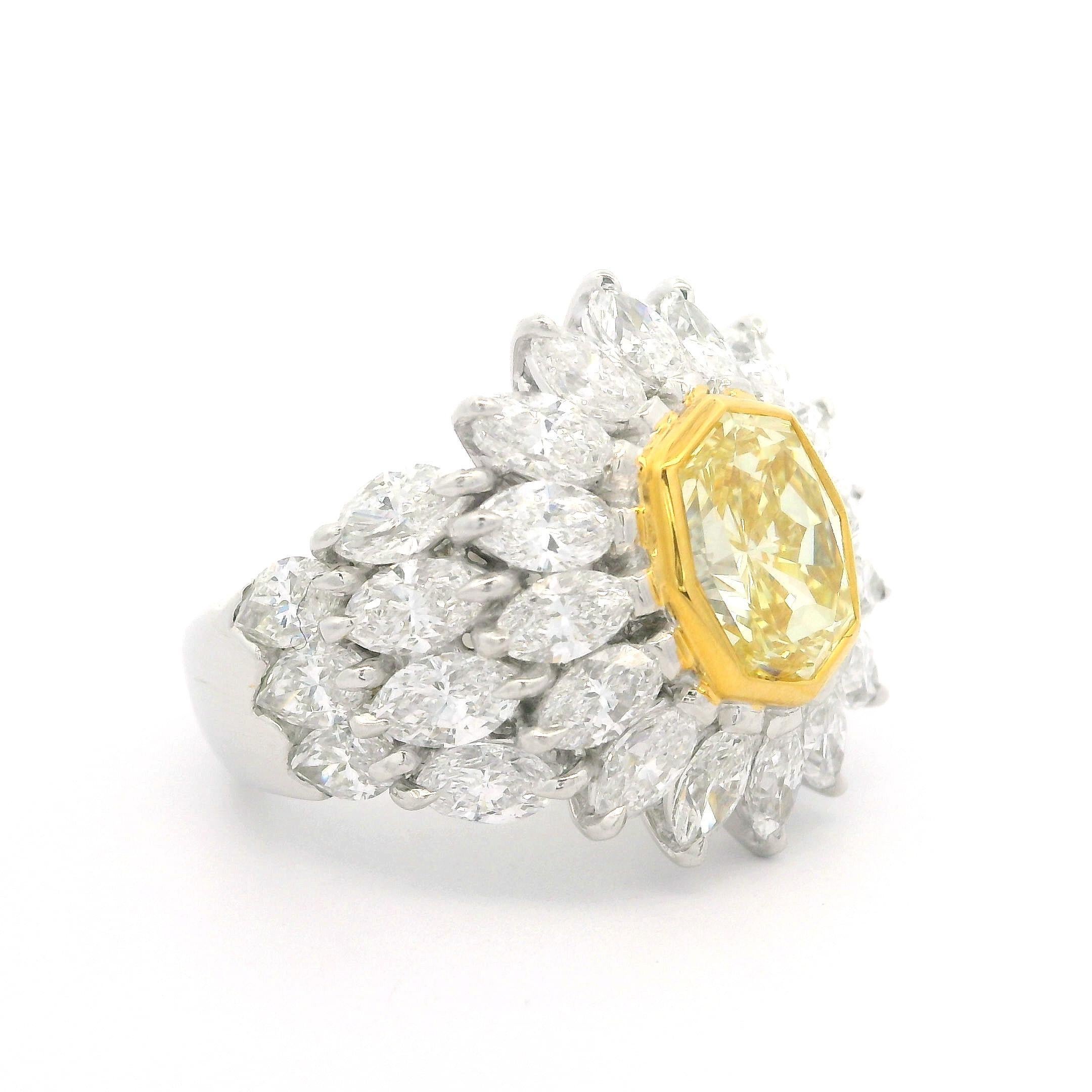 18k Gold GIA 7.24ctw Octagonal Fancy Yellow and White Marquise Diamond Ring For Sale 4