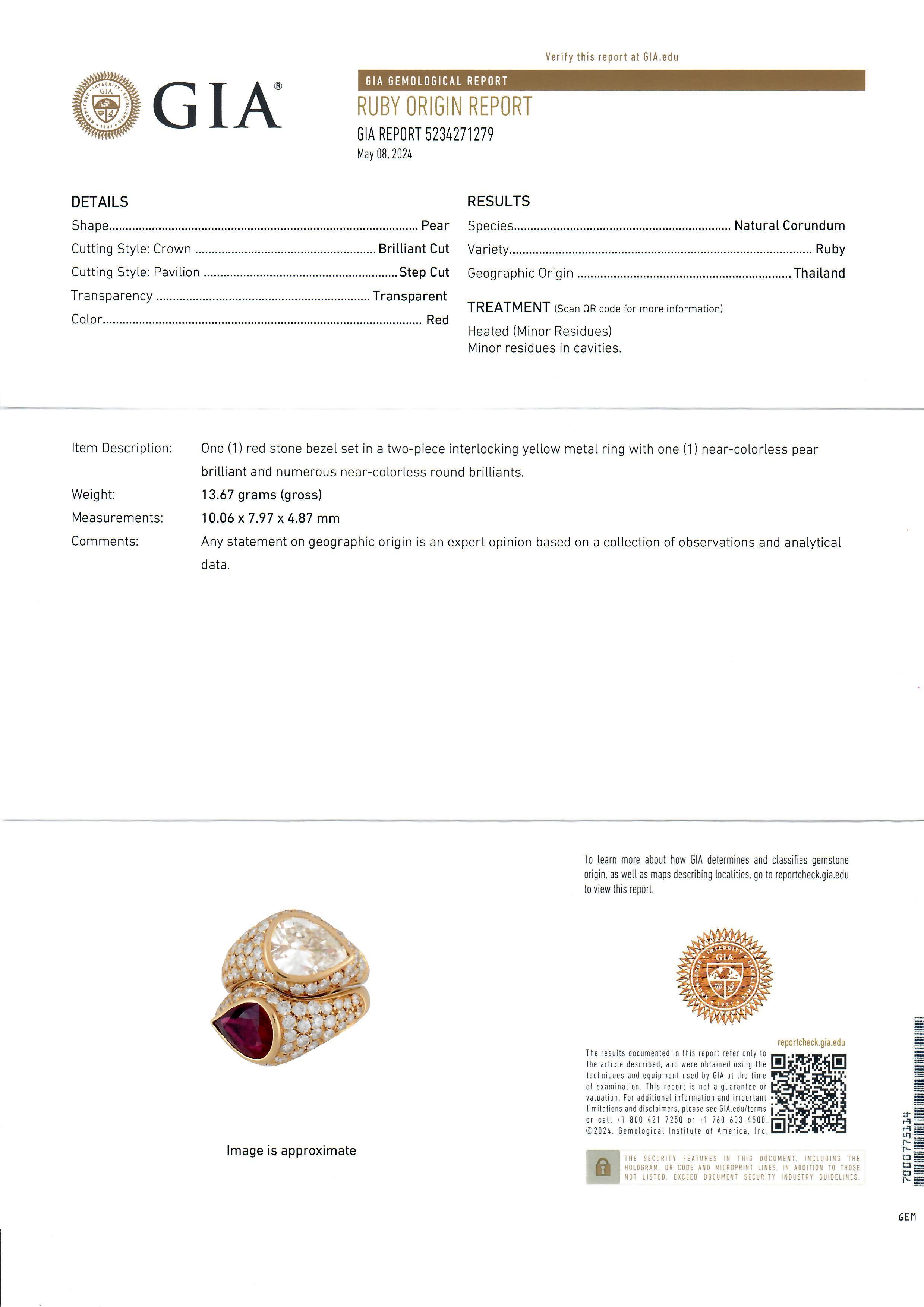 Anello a incastro Moi Et Toi Bypass in oro 18k GIA 7,78ctw Pear Ruby & Diamond in vendita 5
