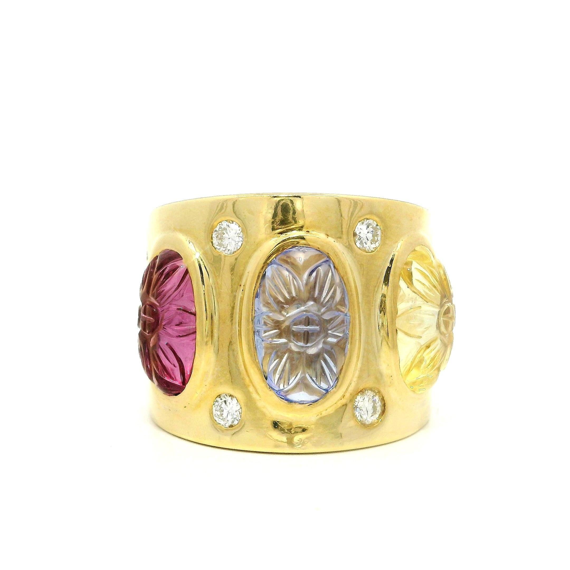 18k Gold GIA 8,36ctw geschnitzt rosa Spinell gelb & blau Saphir breite Zigarre Band im Angebot 5