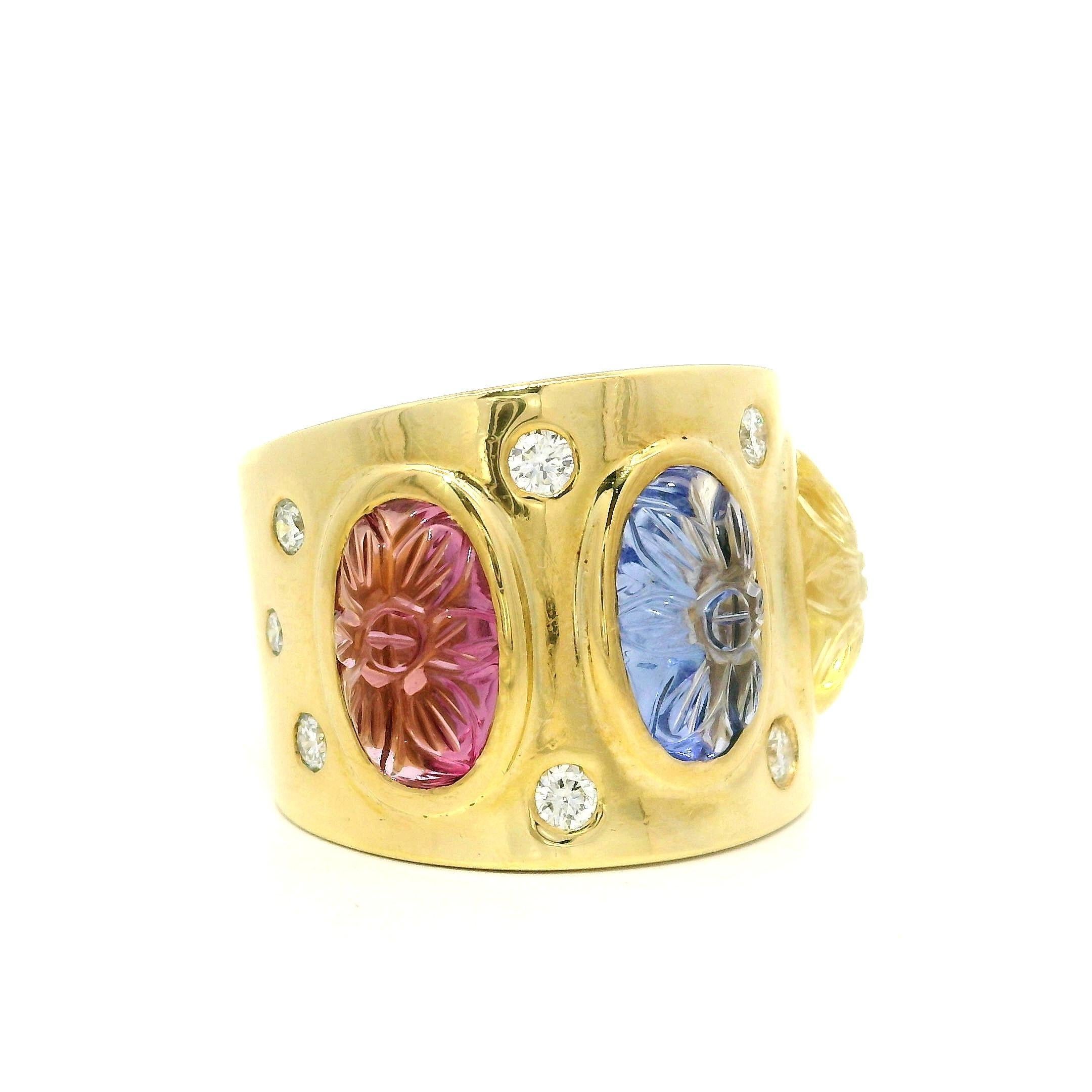 18k Gold GIA 8,36ctw geschnitzt rosa Spinell gelb & blau Saphir breite Zigarre Band im Angebot 6