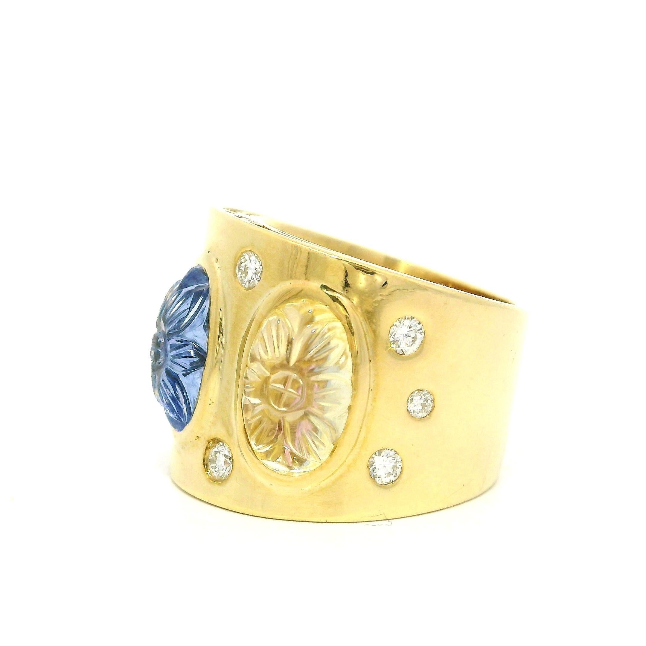 18k Gold GIA 8,36ctw geschnitzt rosa Spinell gelb & blau Saphir breite Zigarre Band im Angebot 7