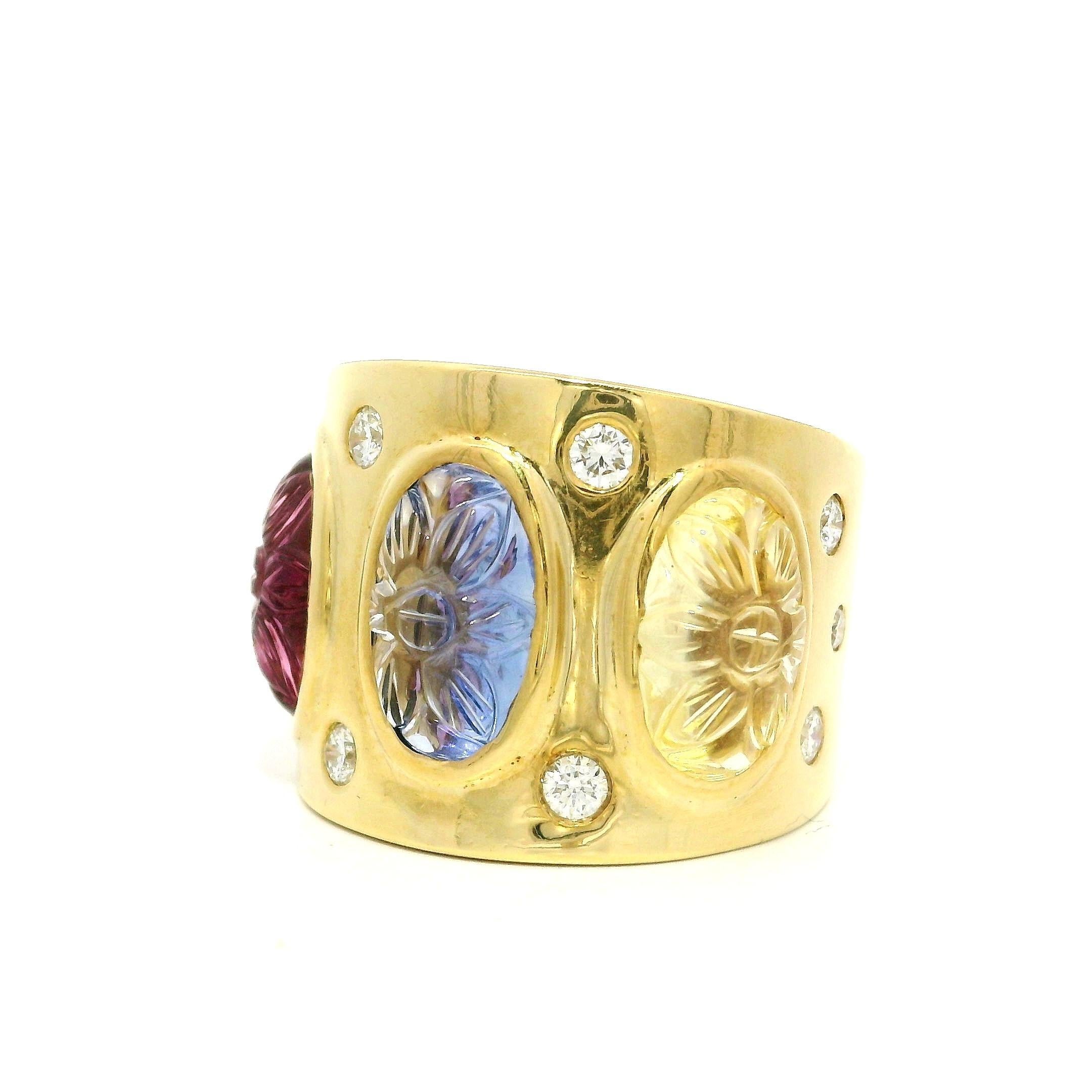 18k Gold GIA 8,36ctw geschnitzt rosa Spinell gelb & blau Saphir breite Zigarre Band im Angebot 8