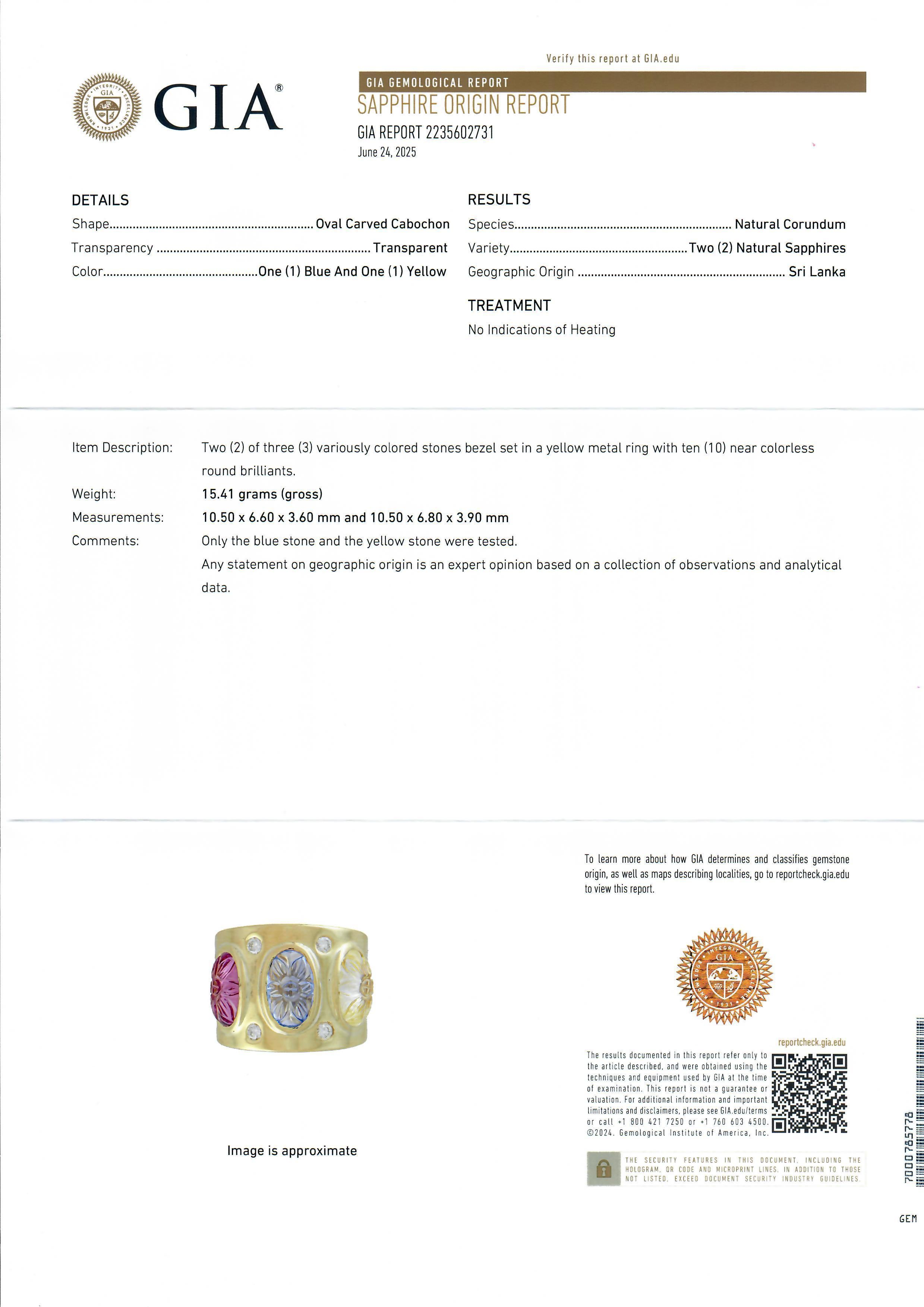 18k Gold GIA 8,36ctw geschnitzt rosa Spinell gelb & blau Saphir breite Zigarre Band (Cabochon) im Angebot