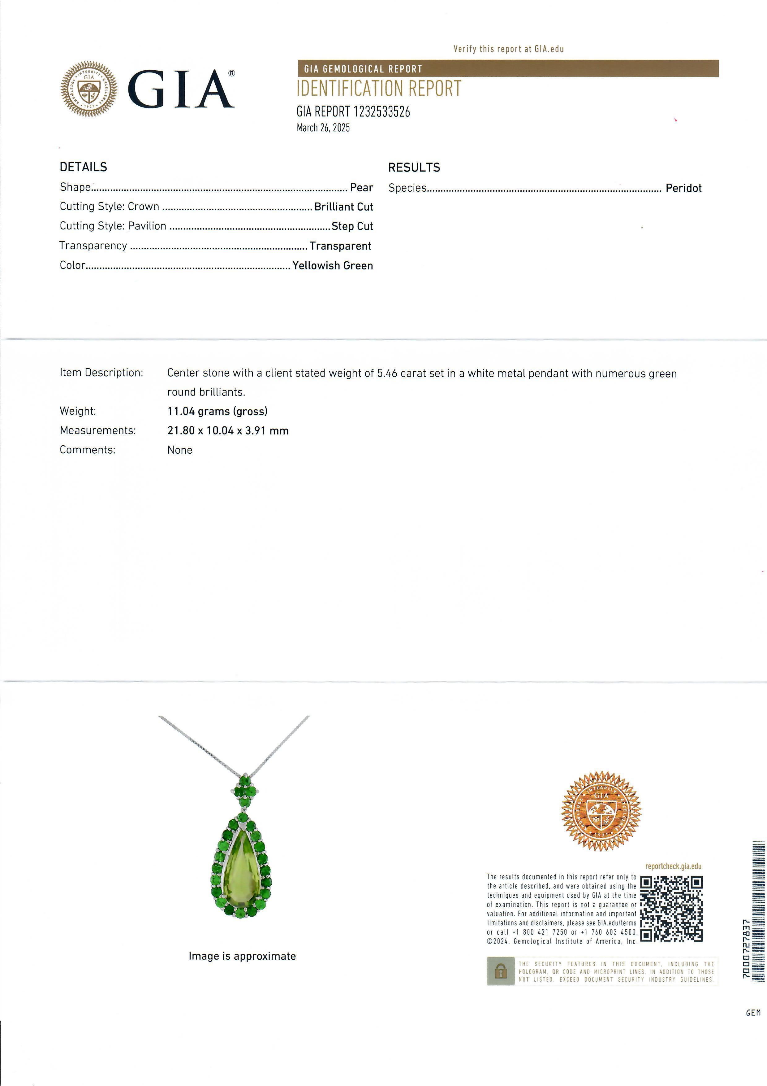 Taglio a goccia Collana con ciondolo a goccia in oro 18k GIA 8,3ctw GREEN Peridot Tsavorite Halo Large in vendita