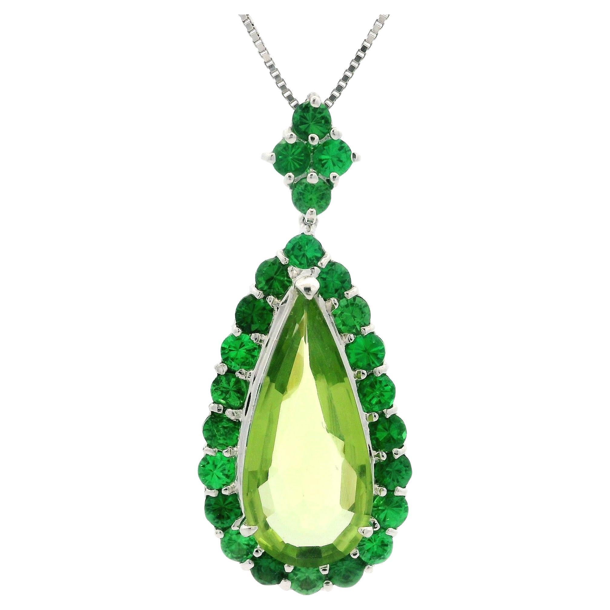Collier en or 18k GIA 8.3ctw GREEN Peridot Tsavorite Halo Large Teardrop Pendant Necklace