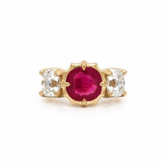 18k Gold GIA Burma No Heat Cushion Ruby Mine Cut Diamond Sides Matte Ring