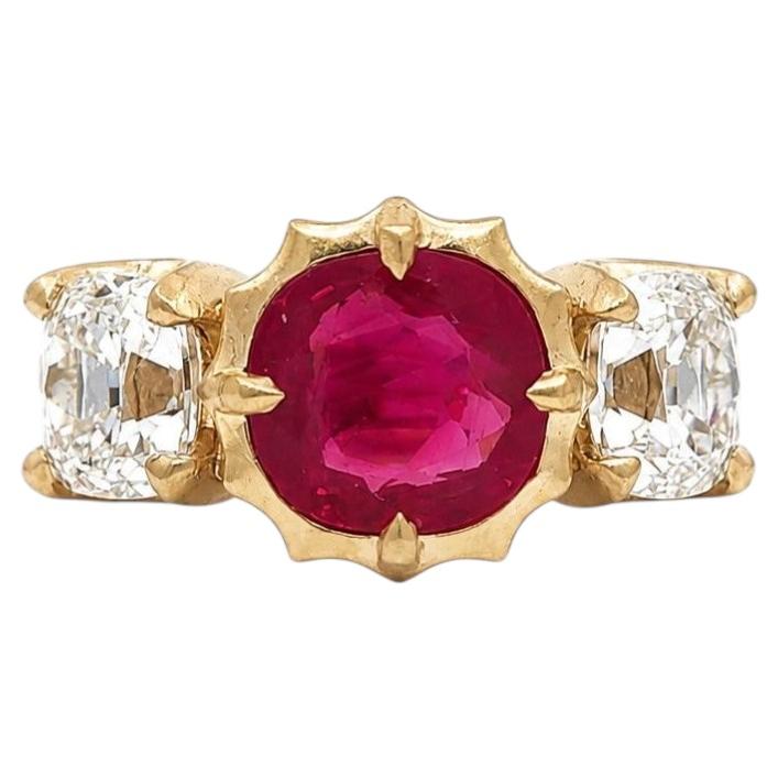 18k Gold GIA Burma No Heat Cushion Ruby Mine Cut Diamond Sides Matte Ring