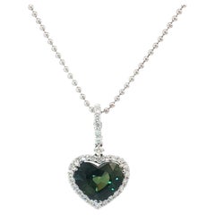 18K Gold GIA Certified No-Heat Green Sapphire And Diamond Heart Pendant