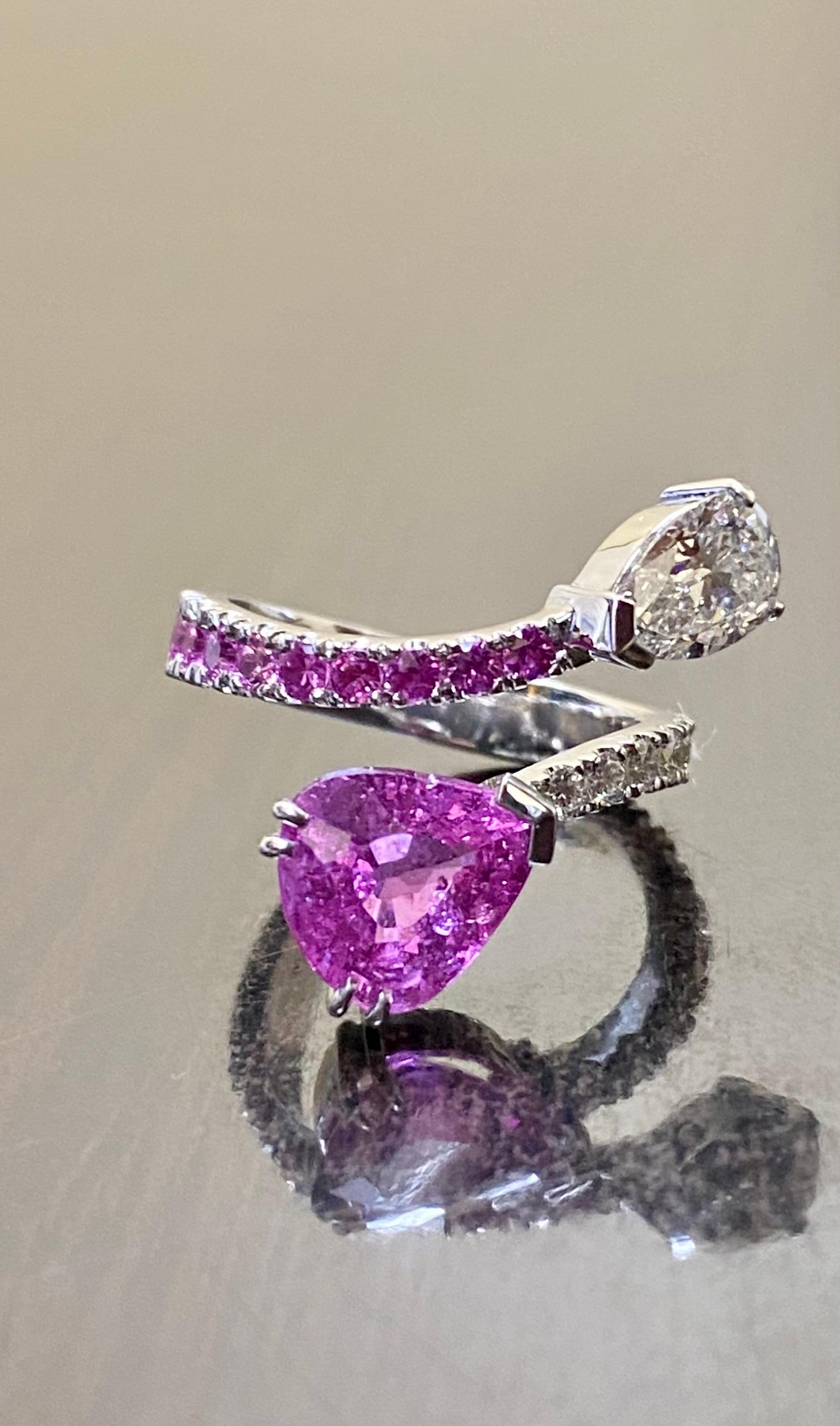 18K Gold GIA Certified Pear Shape Diamond Bubblegum Pink Sapphire Bypass Ring 6