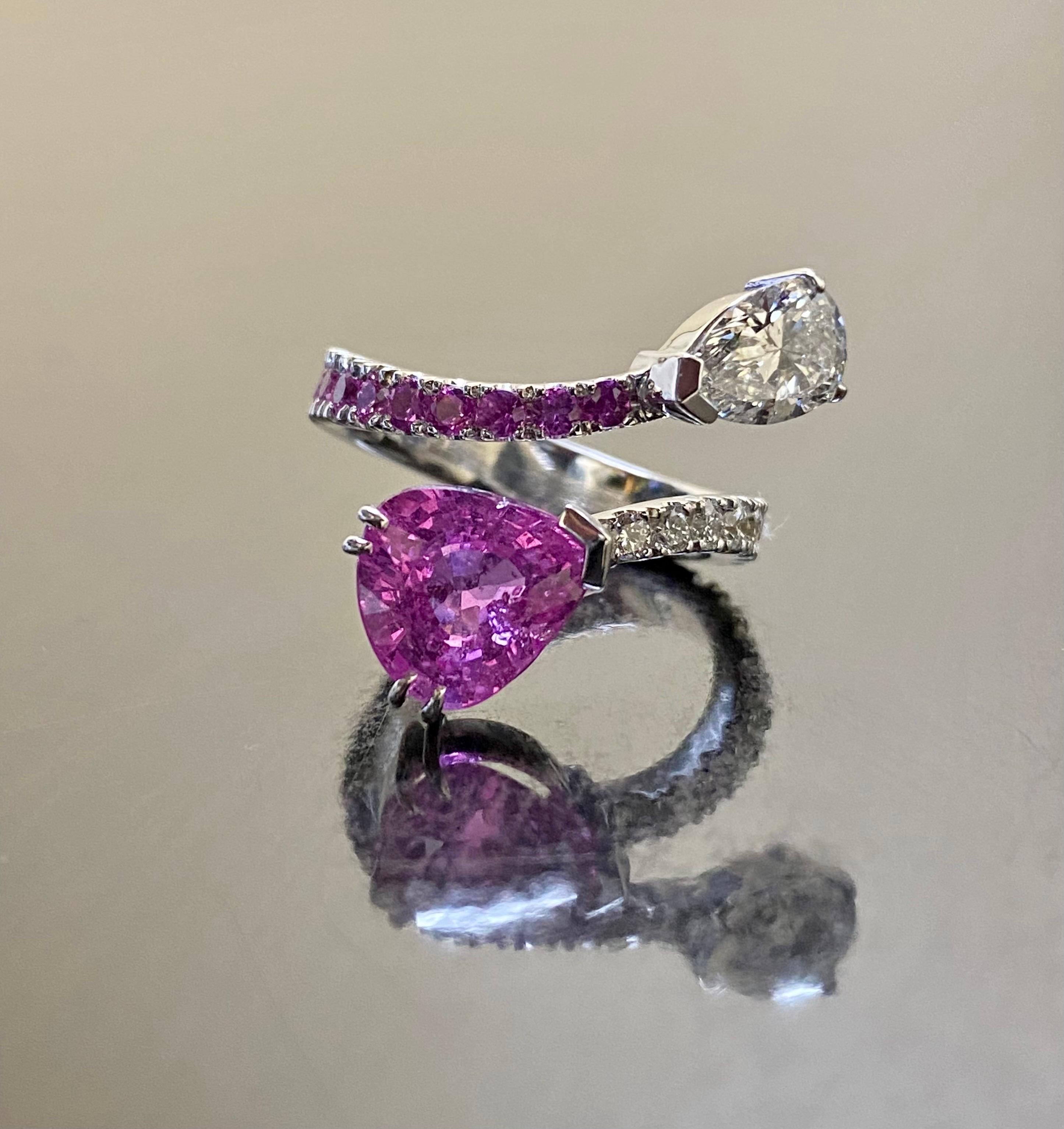 18K Gold GIA Certified Pear Shape Diamond Bubblegum Pink Sapphire Bypass Ring 7