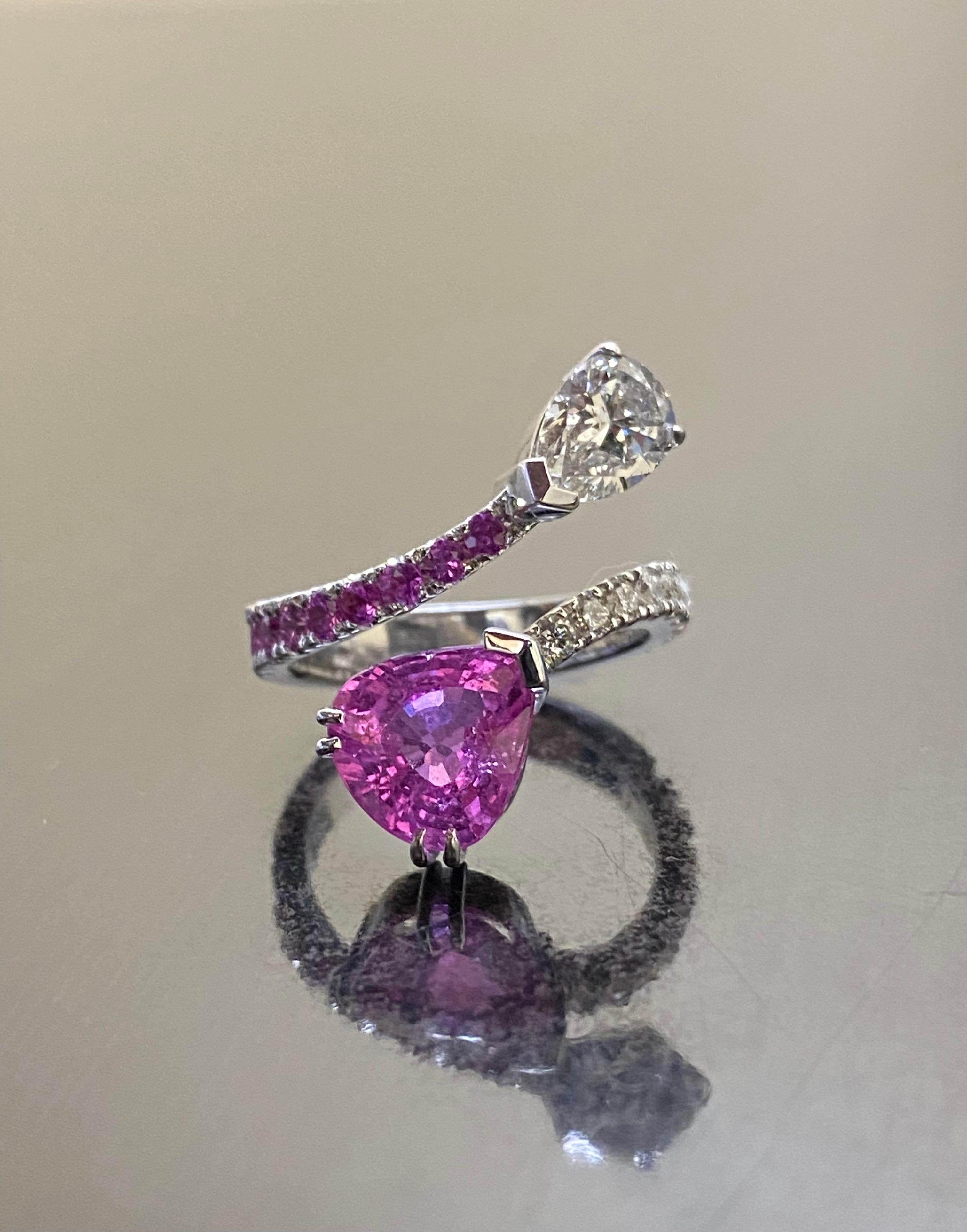 Modern 18K Gold GIA Certified Pear Shape Diamond Bubblegum Pink Sapphire Bypass Ring