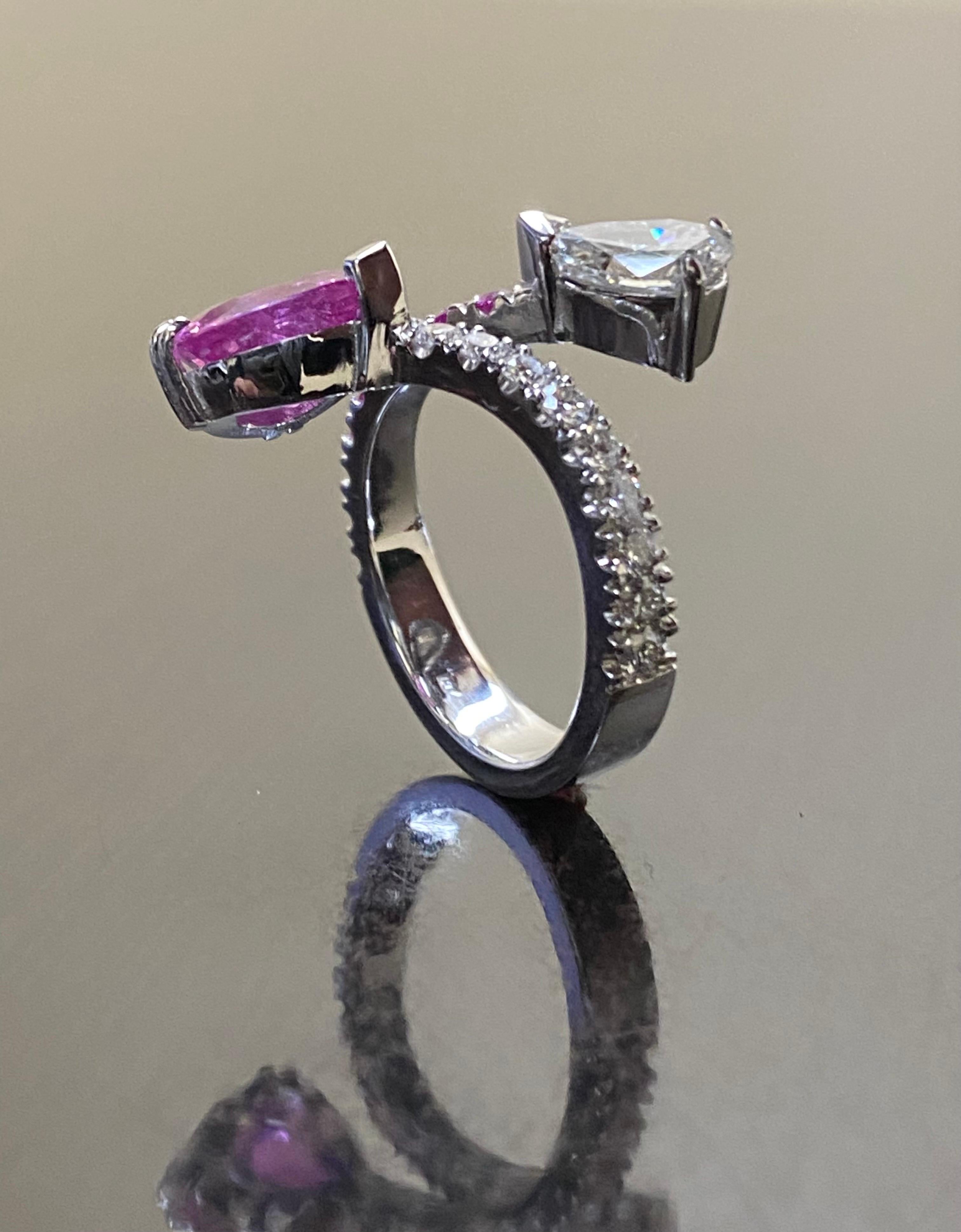 18K Gold GIA Certified Pear Shape Diamond Bubblegum Pink Sapphire Bypass Ring In New Condition In Los Angeles, CA