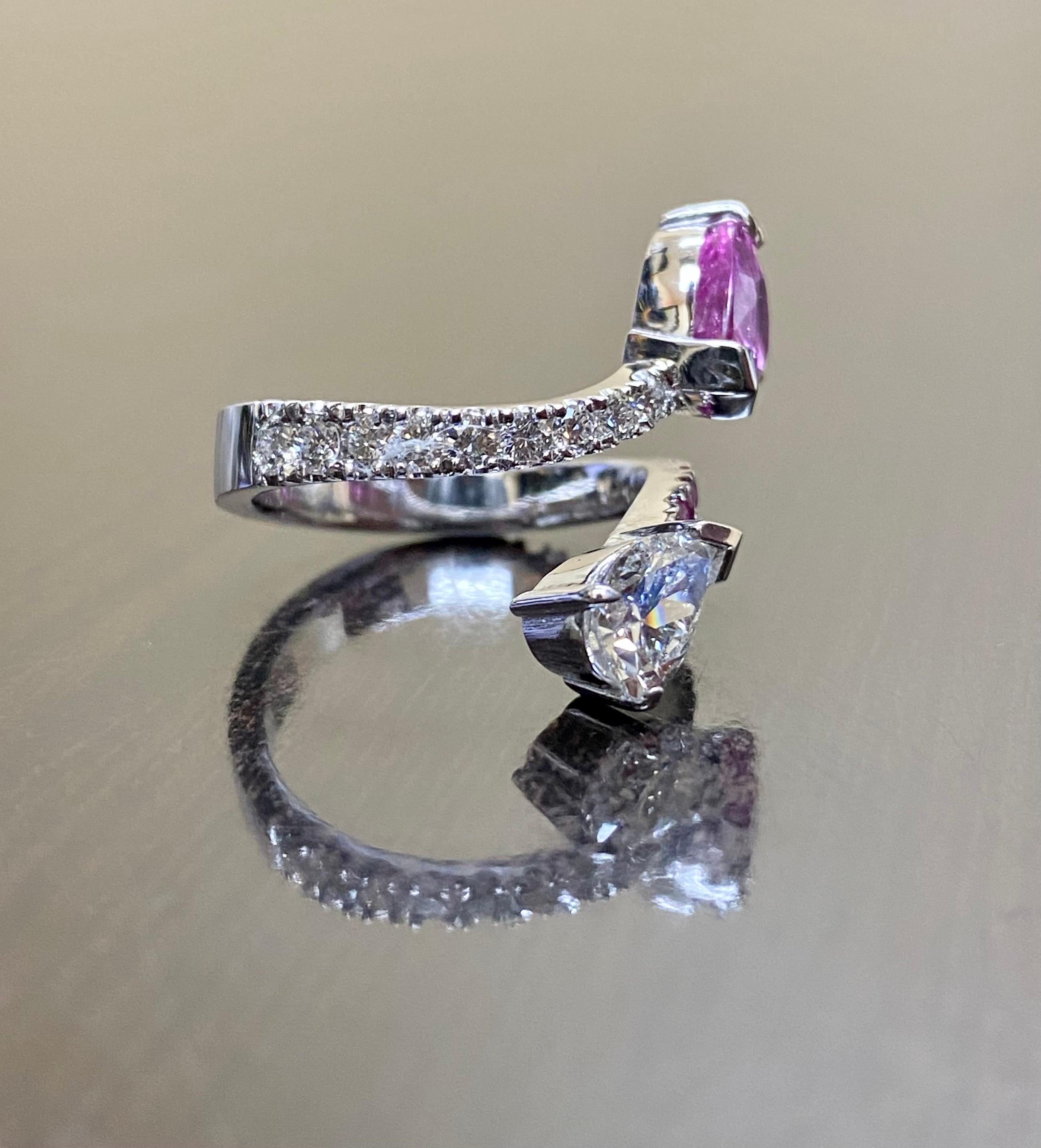 Women's 18K Gold GIA Certified Pear Shape Diamond Bubblegum Pink Sapphire Bypass Ring