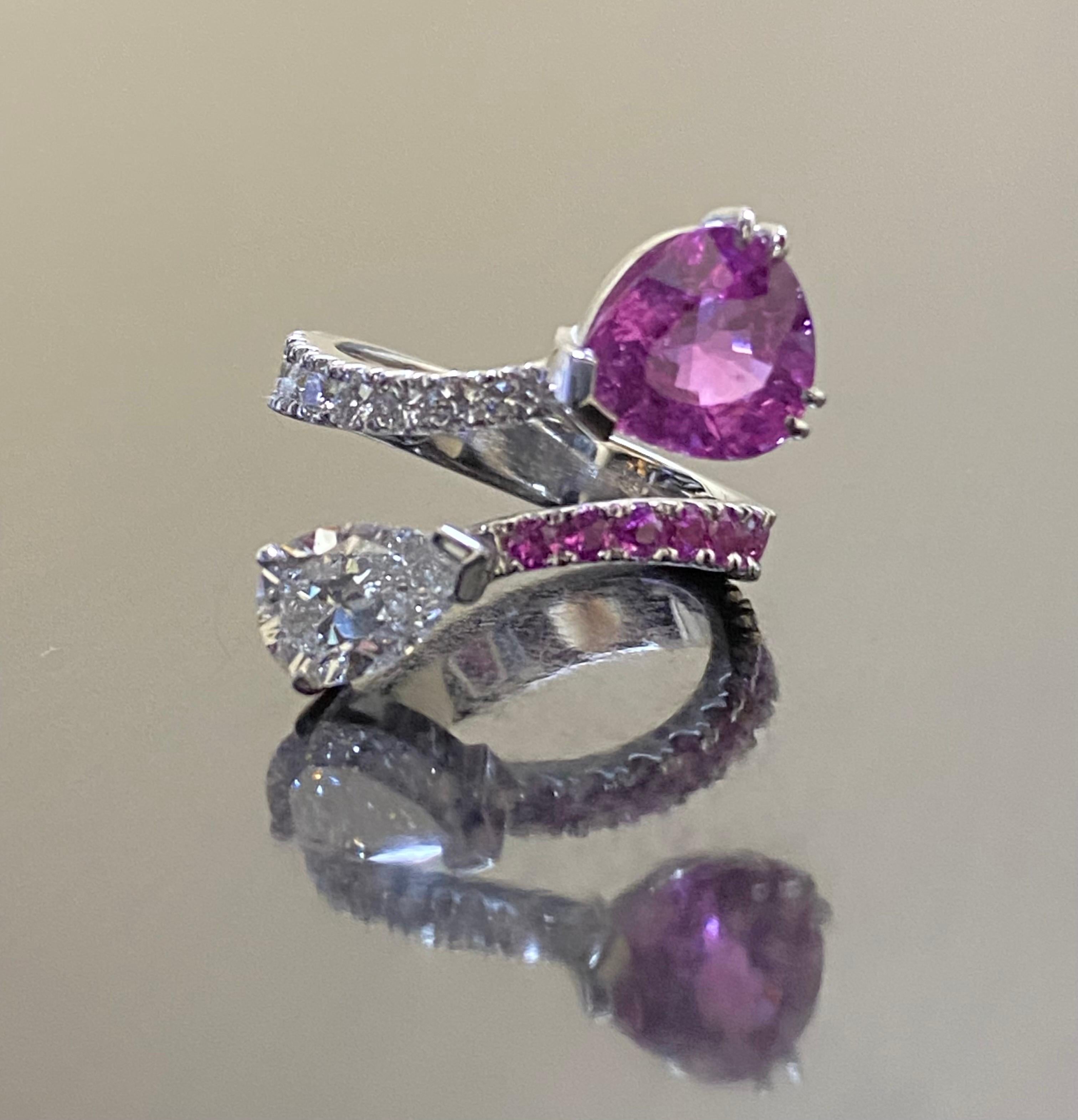 18K Gold GIA Certified Pear Shape Diamond Bubblegum Pink Sapphire Bypass Ring 1