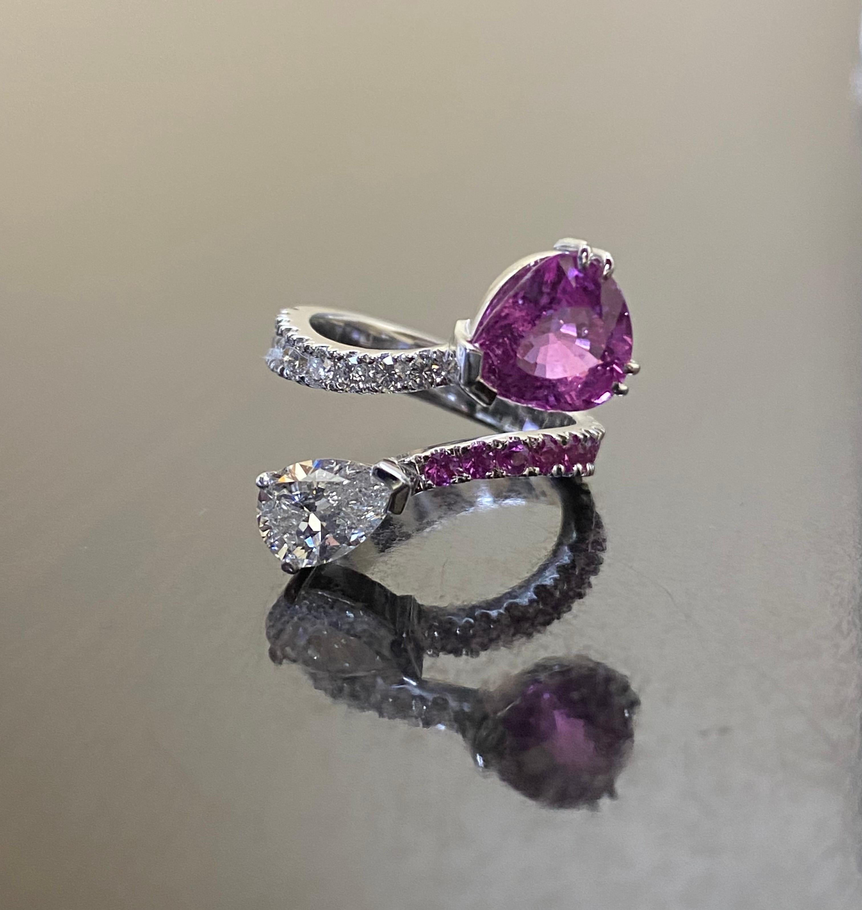 18K Gold GIA Certified Pear Shape Diamond Bubblegum Pink Sapphire Bypass Ring 3
