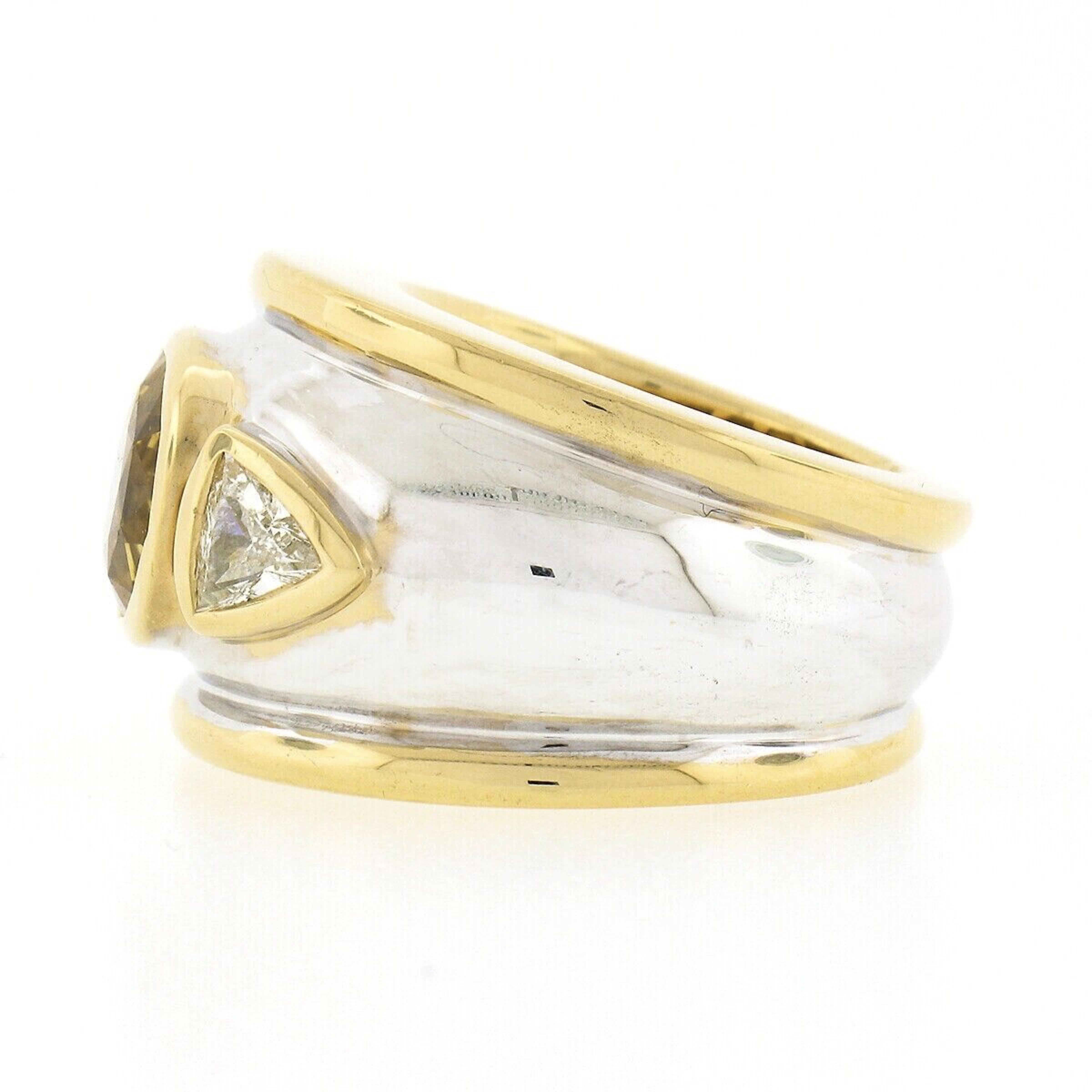 Women's or Men's 18K Gold GIA Ceylon Yellow Sapphire & Trillion Diamond Large Domed Cocktail Ring