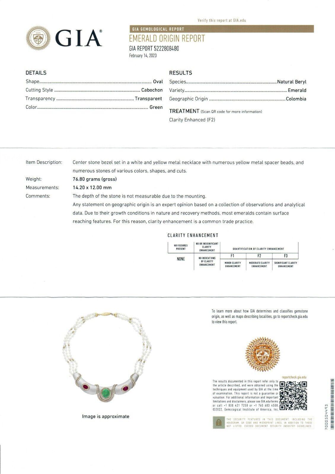 18 Karat Gold GIA kolumbianischer Smaragd & Rubin Diamant Dreireihige Perlen-Halskette im Angebot 5